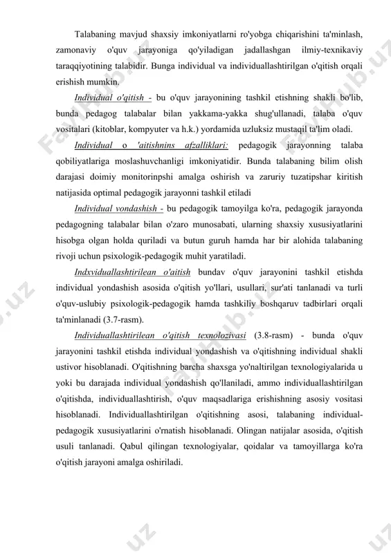 pedagogik xususiyatlarini o'rnatish hisoblanadi. olingan natijalar asosida, o'qitish usuli tanlanadi. qabul qilingan texnologiyalar, qoidalar va tamoyillarga ko'ra o'qitish jarayoni amalga oshiriladi. masofaviy ta'lim texnologiyasi. ilmiy texnik taraqqiyotning xususiyatlari mustaqil ishlash kunikma va malakalarini shakllantirish va uzluksiz, ijodiy bilimlarni egallashni talab qiladi. bunday ta'lim xizmatlarini ko'rsatish istiqbolli, zamonaviy o'quv tizimlariga quyiladigan talablardan biridir. yunesko «ta'limni axborotlash instituti» mutaxassislarining fikricha, ta'lim jarayonini rivojlantirishning asosiy yunalishlaridan biri dunyo aholisiga axborotlashtirish va telekommunikatsiya texnologiyalardan foydalangan holda, masofaviy o'qitish va mustaqil o'qish imkoniyatlaridan keng foydalanish ta'minotini yaratishdir. masofaviy o'qitish — bu masofadan turib o'qitish, qaysiki o'quv mashg'ulotlarining barchasi yoki ko'p qismi telekommunikatsion va zamonaviy axborotlashtirish texnologiyalar asosida olib boriladi masofaviy o'qitish, ayniqsa: o'qitishning an'anaviy usullaridan foydalanish imkoniyatiga ega bo’lmagan, bu jarayon imkoniyatlarining chegaralanganligi tufayli o'qish va ishlashni birgalikda amalga oshira olmaydiganlar uchun; turg'un sharoitda o'qish imkoniyatlariga ega bulmagan, imkoniyatlari tibbiy shart-sharoitlar tufayli chegaralanganlar uchun; o'qituvchilar va boshqa soha mutaxassislarining qayta tayyorlash va malakasini oshirishda; chet …