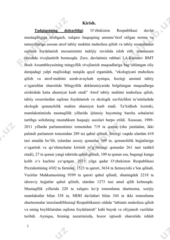 ga qaraganda, bamisoli tinchlik, osoyishtalikni saqlashday dolzarb muammo qatorida yana bir muammoga aylanmoqda. o’zbekiston prezidenti islom karimovning “o’zbekiston xxi asr bo’sag’asida: xavfsizlikka tahdid, barqarorlik shartlari va taraqqiyot kafolatlari” asarida mintaqaviy mojorolar, diniy ekstremizm va fundamentalizm, buyuk davlatchilik shovinizmi va agressiv millatchilik, etnik va millatlararo ziddiyatlar, korrupsiya va jinoyatchilik, urug’ – aymoqchilik munosabatlari bilan bir qatorda ekologik xavfsizlik va atrof – muhitni muhofaza qilish muammolari alohida e’tiborga molikligi hamda milliy havfsizlikka tahdid soluvchi omillardan biri ekanligi ta’kidlab o’tilgan. hozirgi kunda ijtomoiy muammolarni hal etishning ekologik yo’nalishi atrof – muhitga, ona zaminga oqilona munosabatda bo’lish, tabiatni muhofaza qilish borasidagi barcha tadbirlarni doimiy amalga oshirish va ushbu maqsadda aholi va ayniqsa, uning tarkibiy qismi bo’lgan yoshlarning ekologik madaniyatini yuksaltirish, ekologiya sohasidagi mutaxassislarni tayyorlash, oddiy xalqimiz orasida ekologiya muammolarini yoritishda mukammal ekologik ta’limni va shu bilan bir qatorda chora – tadbirlarni belgilash lozim. ekologik ta’limning eng birinchi dolzarb masalasi – insonning ona tabiat oldidagi …