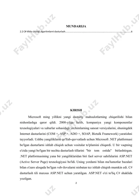 nishi kerak. ushbu dasturlash tilining mualliflari scott wiltamut va anders haylsberg - turbo paskal va delphi yaratuvchisi bo'lib, ushbu dastur 1998-2001 yillarda microsoft .net platformasi uchun dasturlarni ishlab chiqish uchun asosiy til sifatida microsoft-da anders haylesberg boshchiligidagi muhandislar guruhi tomonidan ishlab chiqilgan .. bir versiyaga ko'ra, u borlandda ishlayotgan paytda yangi til va hatto yangi platforma (hozirda .net deb nomlanadi) g'oyasini o'zida mujassam etgan. kurs ishining dolzarbligi: c# dasturidan hozirgi rivojlanayotgan bir davrda algoritmlarni qo`llash ko’rinishlarini, vaqtni kamaytirish maqsadida izlash algoritmlaridan c sharp dasturidan foydalanish eng muhim va samarali hisaoblanadi. kurs ishining maqsadi: izlash algoritmlarini hosil qilish, c# dasturlash tili yordamida izlashni algoritmlarini o`rganish. kurs ishining vazifasi: 1.izlash algoritmlarini o`rganish. 2.izlash algoritmlari dasturlar yaratish i bob.nazariy qism 1.1 algaritm haqida tushuncha.algaritmlar va ma’lumotlar tuzilmalari asoslari.algoritmlarga kirish. algoritm so’zi va tushunchasi ix asrda yashab ijod etgan buyuk bobokalonimiz muxammad al-xorazmiy nomi bilan uzviy bog’liq bo’lib, uning arifmetikaga bag’ishlangan ―al jabr va …