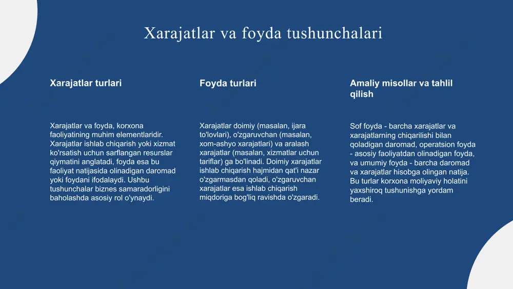 , shuningdek, transperentlikni ta'minlash xatoliklarni kamaytiradi. bu jarayonlar yordamida xatoliklar aniqlanib, ularga tezkor javob berish imkoniyati yaratiladi. foyda tahlili va prognozlash: foyda prognozlari ishlab chiqish, bozor sharoitlariga moslashish va xarajatlarni optimallashtirish uchun zarur. foyda strategiyasini doimiy rivojlantirish, bozor tendentsiyalarini kuzatish va strategik qarorlarni qabul qilishda yordam beradi. bu xatoliklarni oldini olishda muhim rol o'ynaydi. xulosa xulosa qilib, korxona xarajatlari va foydasining asosiy tushunchalari, turlari va ularni hisoblash usullari haqida umumiy xulosa berildi. xarajatlar va foyda hisoblashning afzalliklari va kamchiliklari ko‘rsatildi, xatoliklar va ularni oldini olish bo‘yicha tavsiyalar taqdim etildi. moliyaviy hisobotlarda ehtiyotkorlik va aniqlik muhimligi ta’kidlandi, xarajatlarni nazorat qilish va foyda prognozlashning ahamiyati belgilab o‘tildi. ushbu bilimlar korxona boshqaruvini samarali qilish va moliyaviy barqarorlikni ta’minlash uchun xizmat qiladi. doimiy o‘rganish va rivojlanishga chaqiramiz. foydalanilgan adabiyotlar 1. akmalov, m. xarajatlar va foyda tahlili. o'zbekiston davlat iqtisodiyot universiteti nashri, 2020. 2. saidov, s. korxona moliyaviy hisobotlari va xarajatlar boshqaruvi. tashkent: iqtisodiyot va …