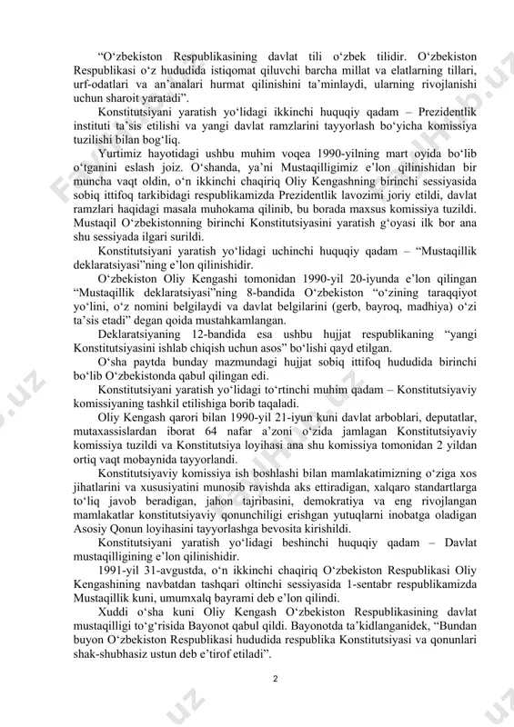 – o‘zbek tiliga davlat tili maqomi berilishidir. bu haqda gap borganda, avvalambor, 1989-yilning 21-oktabr kuni qizg‘in bahs va tortishuvlardan so‘ng siyosiy-ma’naviy hayotimizdagi unutilmas hodisa amalga oshirilgani – milliy qadriyatlarimizning asosiy ustunlaridan biri bo‘lgan ona tilimizga davlat tili maqomi berilgani istiqlol tarixining eng yorqin sahifalaridan birini tashkil etishini alohida ta’kidlash o‘rinlidir. “davlat tili to‘g‘risida”gi qonunda mustahkamlangan muhim huquqiy qoidalar endilikda asosiy qonunimizning 4-moddasida quyidagicha muhrlab qo‘yildi: “o‘zbekiston respublikasining davlat tili o‘zbek tilidir. o‘zbekiston respublikasi o‘z hududida istiqomat qiluvchi barcha millat va elatlarning tillari, urf-odatlari va an’analari hurmat qilinishini ta’minlaydi, ularning rivojlanishi uchun sharoit yaratadi”. konstitutsiyani yaratish yo‘lidagi ikkinchi huquqiy qadam – prezidentlik instituti ta’sis etilishi va yangi davlat ramzlarini tayyorlash bo‘yicha komissiya tuzilishi bilan bog‘liq. yurtimiz hayotidagi ushbu muhim voqea 1990-yilning mart oyida bo‘lib o‘tganini eslash joiz. o‘shanda, ya’ni mustaqilligimiz e’lon qilinishidan bir muncha vaqt oldin, o‘n ikkinchi chaqiriq oliy kengashning birinchi sessiyasida sobiq ittifoq tarkibidagi respublikamizda prezidentlik lavozimi joriy etildi, …
