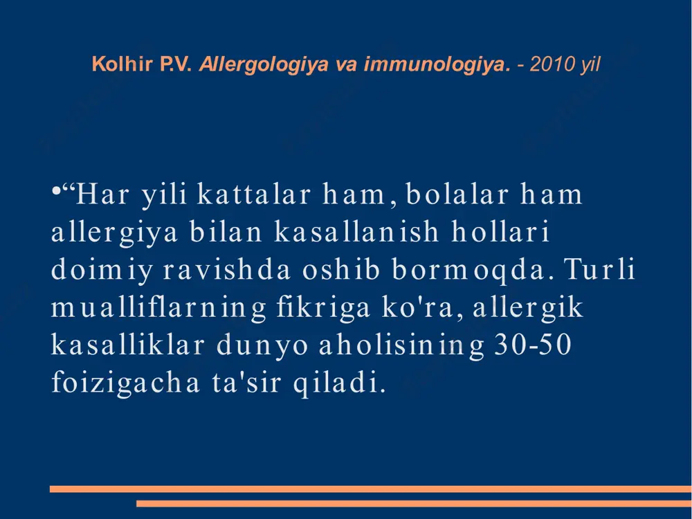 tarakanlar, yumaloq chuvalchanglar oqsillari tarkibiga kiradi. shu sababli, ushbu oqsilga sezgirlikning rivojlanishi bilan bemorda nafaqat burun tiqilishi va oqadilar bo'lgan changga yo'tal, balki qisqichbaqasimonlar va dengiz mahsulotlariga (ehtimol ürtiker yoki quincke shishi shaklida) reaktsiya paydo bo'ladi. 11 12 asit samaradorligini bashorat qilish (1) asit allergenning asosiy tarkibiy qismlariga o'ziga xos ige mavjud bo'lganda va kichik bo'lganlar bo'lmasa samarali bo'ladi. agar ekstraktda o'ziga xos ige aniqlansa (masalan, t3 "qayin"), komponentlarga o'ziga xos antikorlarni aniqlash (bet v 1, bet v 2, bet v 4) allergiyaga xos immunoterapiya samaradorligini taxmin qilish imkonini beradi. . qayin polen allergenlari, t3 komponentlarini sinash misoli asosida asit samaradorligini prognozi quyida keltirilgan. qayin gulchanglarida asosiy komponent bet v 1, kichik komponentlar esa bet v 2 va bet v 4 hisoblanadi. 13 asit samaradorligi prognozi (2) 14 molekulyar diagnostikaning foydalari (2) molekulyar allergiya diagnostikasi haqiqiy reaktsiya va psevdoreaktsiya o'rtasidagi farqni aniqlash imkonini beradi. 15 molekulyar diagnostikaning foydalari (3) allergik …