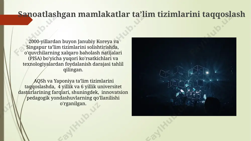 an strategiyani ishlab chiqishga yordam beradi. taqqoslash pedagogikasi tadqiqotlarining amaliy ahamiyati taqqoslash pedagogikasi tadqiqotlari, masalan, 5 ta turli mamlakat (aqsh, buyuk britaniya, kanada, avstraliya va singapur) maktablarida o'qitish usullarini tahlil qilish orqali, 20% ga yaqin o'quv samaradorligini oshirishga yordam beradi. o'zbekistonning ta'lim tizimida 30 dan ortiq maktabda amaliy qo'llanilgan taqqoslash pedagogikasi tadqiqotlari natijalari, o'quv jarayonini 15% ga samaraliroq qilish imkonini berdi. b. xolms taksonomiyasining afzalliklari va kamchiliklari ushbu taksonomiya 1980-yillardagi empirik tadqiqotlarga tayanib ishlab chiqilgan bo'lib, zamonaviy texnologiyalar va globalizatsiya ta'siri hisobga olinmagan, bu esa 21-asr pedagogik jarayonlarini to'liq aks ettirishga to'sqinlik qilishi mumkin. xolms taksonomiyasi, murakkab ma'lumotlarni soddalashtirilgan kategoriyalarga ajratish orqali, 5 dan ortiq o'quvchilar guruhi bilan olib borilgan tadqiqotlarni tahlil qilishni osonlashtiradi, ammo bu soddalashtirish ba'zi nozik farqlarni yo'qotish xavfini tug'diradi. kelajakdagi tadqiqot yo‘nalishlari 2025 yilga qadar jahon miqyosida 10 ta turli mamlakatning boshlang'ich ta'lim tizimlarini b. xolmsning ma'lumotlar taksonomiyasi asosida tahlil qilish orqali taqqoslash pedagogikasi sohasida yangi …