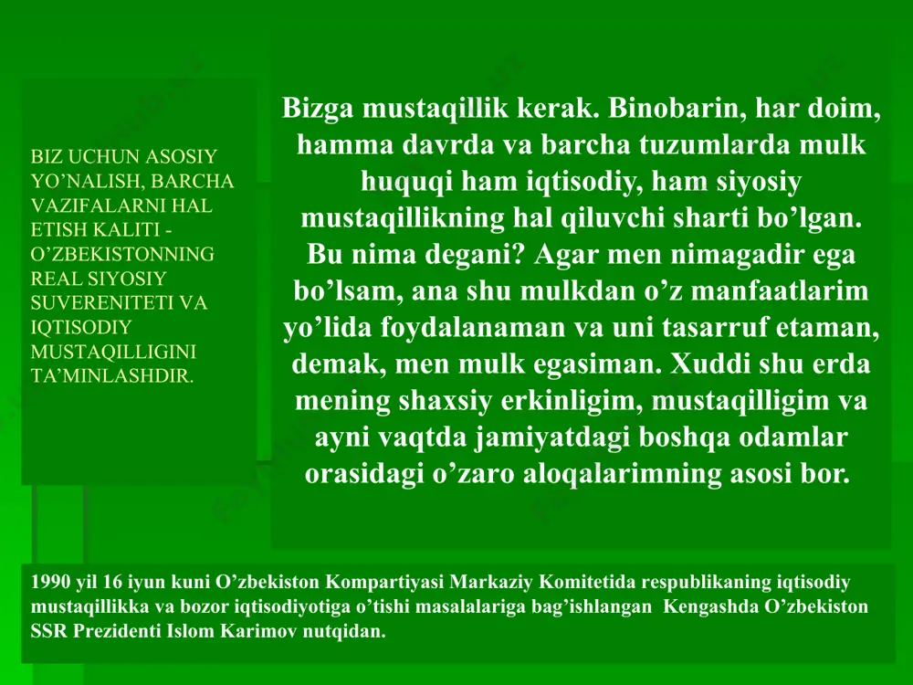 alash mulk - turli shakldagi mulkdorlar mablag'larini birlashtirish natijasida tashkil topadi xo'jalik yuritish shakllari yakka tartibdagi mehnat faoliyati.asosini shaxsiy mulk tashkil etadi. xususiy xo'jalik asosini xususiy mulk tashkil shirkat (jamoa) xo'jaligi. asosini jamoa mulki tashkil etadi. aralash xo'jalik yuritish. asosini xususiy, davlat va jamoa mulkining aralash davlat xo'jaligi (korxonalar, muassasalar va tashkilotlar). ijtimoiy-iqtisodiy tizimlarda mulkchilik munosabatlari. an'anaviy iqtisodiy tizim. individual - xususiy sektorni ustuvorligi mavjud bo'lib, davlat mulki iqtisodiy zaruriyat talab qilgan me'yorda saqlanadi. ma'muriy buyruqbozlik tizimi. markazlashtirish darajasi kuchli bo'lib, davlat mulki monopoliyasi vujudga keladi. xususiy mulk davlat sektori tomonidan siqib chiqariladi. mulkchilikni turli shakllari : ijtimoiy, xususiy, aralash shakllari mavjud bo'ladi. natijada turli ukladlardan tashkil topgan iqtisodiyot vujudga keladi. o'zbekistonda mulkiy islohotning bosqichlari . i-bosqich 1992-1993 yillarda xususiylashtirish jarayoni umumiy uy-joy fondini, savdo, mahalliy sanoat, xizmat ko'rsatish korxonalarini hamda qishloq xo'jalik mahsulotlarini qayta ishlash tizimini qamrab oldi. yengil, mahalliy sanoatga, transport va qurilishga, boshqa tarmoqlarga qarashli ayrim o'rta …