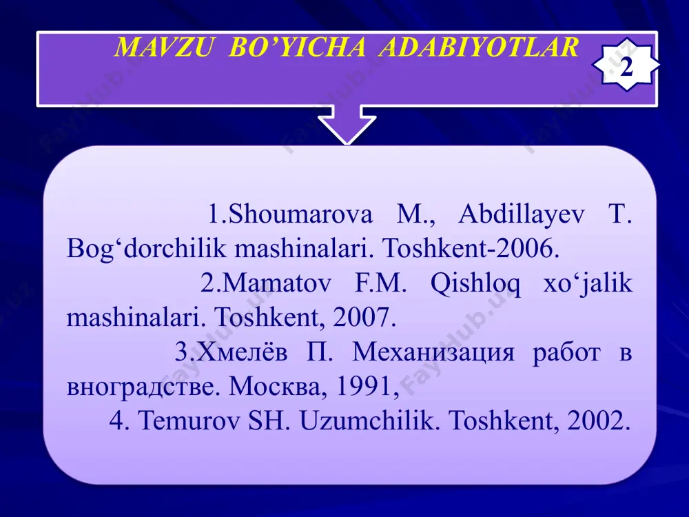r. kimyoviy tarkibiga ko’ra o’g’itlar mineral o’gitlar organik o’g’itlar mineral-organik kompostlar azotli fosforli kaliyli o’g’it berish usullari ekishdan oldin ekish bilan birga vegetatsiya (o’suv davrida) mineral o’g’itlar tarkibiga ko’ra oddiy murakkab 11 2. intensiv usulda yetishtiriladigan meva va toklarni o’g’itlashga bo’lgan talabini aniqlash. 12 daraxtlarning me’yor darajada о‘sishi va meva berishi uchun faqat ular kо‘p miqdorda о‘zlashtiradigan makroelementlar - azot, fosfor, kaliy, kalsiy, oltingugurt, magniy va temir zarurdir. bundan tashqari, mikroelementlar - bor, marganets, rux, mis, kobalt va molibden ham zarurdir. daraxtning dastlabki yillarida azot va fosforga bо‘lgan talabi katta bо‘ladi. meva berish davri boshlangandan keyin kaliyga bо‘lgan talab ortadi. 13 fosfor tuproqda azot yoki kaliyga nisbatan juda sekin singadi. shuning uchun uni yerga erta, о‘sish davridan oldin, kuzdan boshlab, mumkin qadar chuqurroq, ildizlarga yaqinroq qilib solish maqsadga muvofiqdir. о‘g‘it qancha chuqur va ildizlarga yaqin solinsa, u shunchalik samarali bо‘lishi aniqlangan. . 14 azot. azot daraxtlarning о‘sishi, gullashi, meva tugishi …