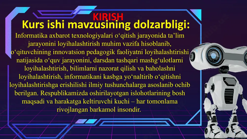 ar qo‘llaniladi. multimedia multimedia (multimedia) – bu zamonaviy kompyuterli axborot texnologiyalari bo‘lib, u kompyuter sitemasida tekst, ovoz, videotasvir, grafik tasvir va animatsiya (multiplikatsiya) ni birgalikda qo‘llash imkonini beradi. multimedia — bu tasvir va xarakatli video, animatsiyali kompyuter grafikasi va matn, nutq va yuqori sifatli ovoz bilan ishlashni ta’minlovchi interaktiv sistemadir. multimediali – kompyuter — bu multimedia texnologiyalarini amalga oshiruvchi apparat va dasturiy ta’minotiga ega bo‘lgan kompyuterdir. multimedia – bu kompyuterda tekst, grafika, animatsiya, raqamli o‘zgarmas tasvirlar, video, ovoz, nutq kabi tipli ma’lumotlarni kiritish, qayta ishlash, saqlash almashish va tasvirlash imkonini yaratuvchi texnologiyalar yig‘indisidir. 80 – yillar oxirida multimedia – texnologiyalarini gumanitar soxalarda qo‘llashga bo‘lgan qiziqishlarni oshishi, bevosita atoqli amerikalik kompyuter – biznesmeni bill geyts nomi bilan bog‘liq. u turli “muxitli”: tasvir, ovoz, animatsiya va gipermatnli sistema asosidagi multimedia maxsulotlarini yaratish va amaliyotda muvaffaqiyatli qo‘llash g‘oyasini ilgari surgan ("national art gallery. london"). 1.2. ta’limda multimedia. faoliyatning turli sohalarini multimedia va axborot …