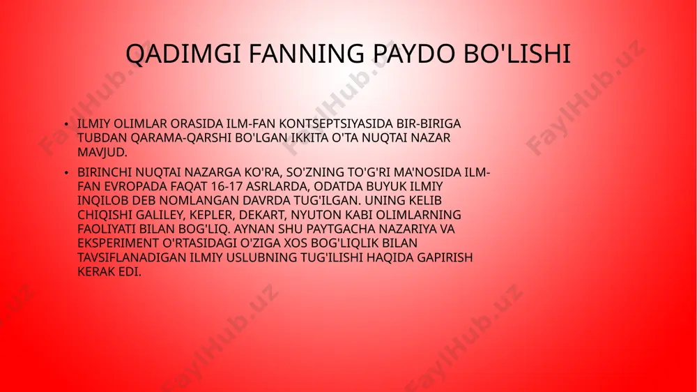 tibini qo'llashga urinishlar qilingan. shunday qilib, qadimgi yunon faylasuflaridan biri bo'lgan fales, yonma-yon uchburchak asosining burchaklari tengligi haqidagi teoremani isbotlagan. foydalanilgan adabiyotlar бойназаров ф. кадимги дунё тарихи. олий укув юртлар и учун дарслик. т.: а. кодирий номидаги халк, мероси нашр., 2004. 464 б.; йулдошев с. антик фалсафа. т., 1999; лосев а.ф. философия, мифология, культура. м., 1991; лосев а.ф. история античной эстетики. м., 1980. image4.jpeg image5.jpeg image6.jpeg image7.jpeg image8.jpeg image1.png