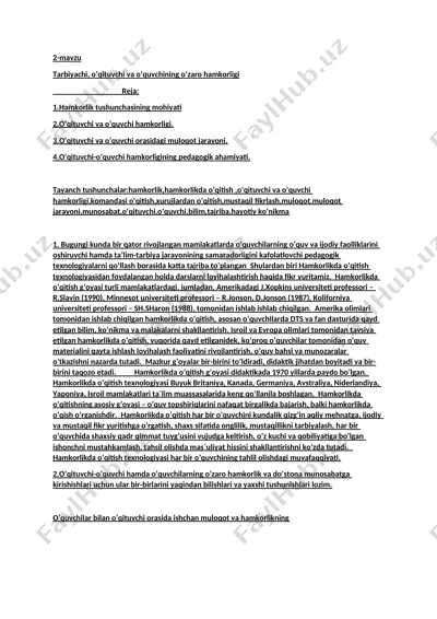 tarbiyachi, oʻqituvchi va oʻquvchining oʻzaro hamkorligi — DOCX