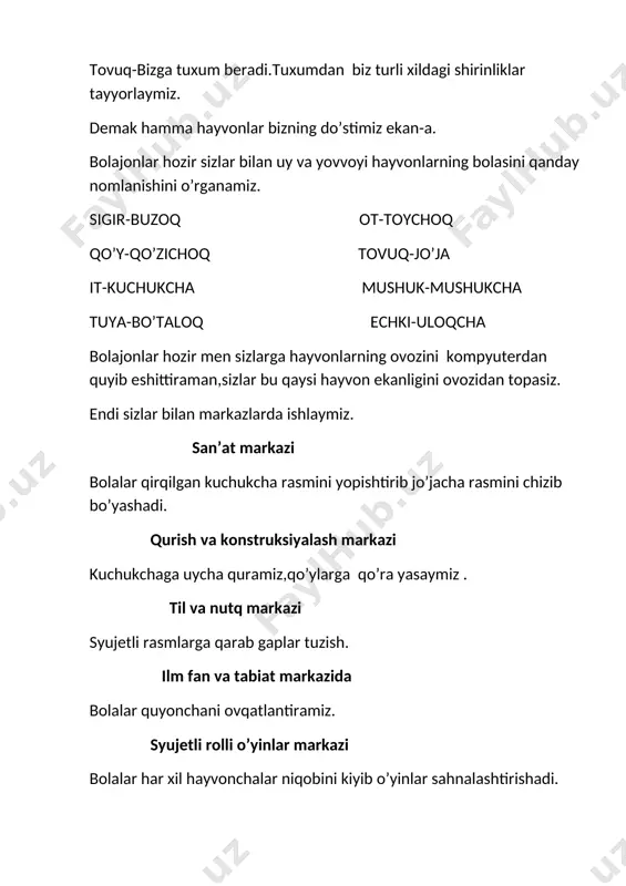 lash markazi kuchukchaga uycha quramiz,qo’ylarga qo’ra yasaymiz . til va nutq markazi syujetli rasmlarga qarab gaplar tuzish. ilm fan va tabiat markazida bolalar quyonchani ovqatlantiramiz. syujetli rolli o’yinlar markazi bolalar har xil hayvonchalar niqobini kiyib o’yinlar sahnalashtirishadi. bolajonlar endi sizlar bilan o’yin o’ynaymiz.hozir ko’zingizni yumib idishdan hayvonchalar maketini olasiz va bu hayvonni nomini ,uy hayvonimi yoki yovvoyi hayvonligi va bolasi qanday nomlanishini aytasiz. 3.mavzuni mustahkamlash. “turna bilan tulki” “maqtanchoq quyon” “bo’ri bilan tulki”mul’tfilmlarini tomosha qilish. 4.bolalar bilan soyasiga qarab top o’yinini o’ynash. 5.bolalar bilan quyosh nurida qo’l bilan hayvonlar shakli soyasini o’xshatish. 6.bolalarni rag’batlantirish. sherlar maymundir mening otim, juda qiziq hayotim. odamzodga o’xshayman, ammo g’irt beo’xshovman. yo’lbars yo’lbars deydilar meni, ol, bos deydilar meni. terim chiroyli yo’l-yo’l, yo’liqsang ehtiyot bo’l. mavzu:alisher navoiy maqsad: talimiy: bolalarni so’z mulkining sultoni, buyuk mutafakkir, shoir, yozuvchi va davlat arbobi bobomiz alisher navoiy hayoti va ijodi bilan yanada yaqinroq tanishtirish. tarbiyaviy:bolalarni buyuk ajdodlarimizga munosib komil …