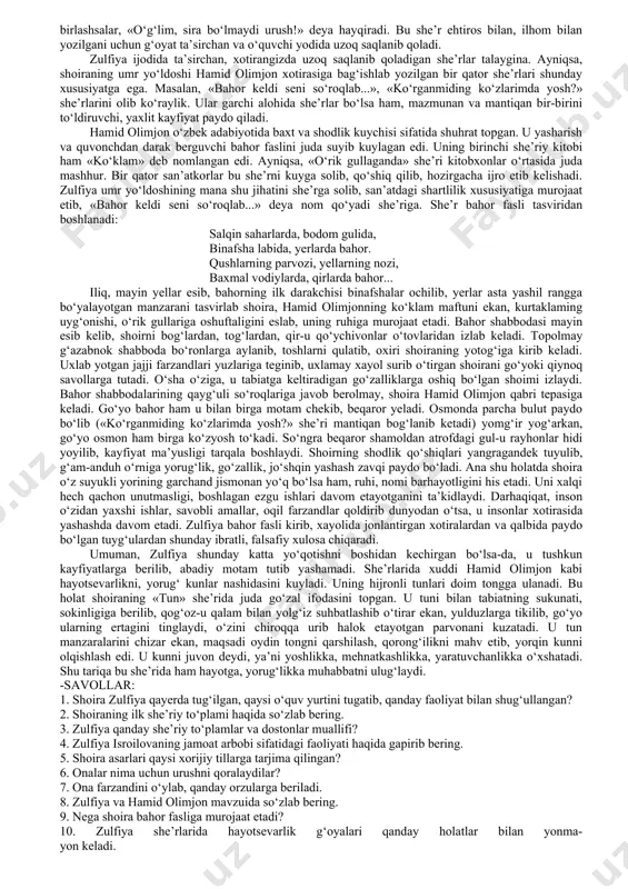 etnam kabi juda ko‘p xorijiy tillarga tarjima qilingan edi. shoira 1997-yil 82 yoshida vafot etgan. zulfiya she’rlari harorat bilan yo‘g‘rilgan ehtirosli, hayotbaxsh she’rlardir. ular xoh vatan haqida, uning go‘zal tabiati, mehnatkash odamlari, buyuk bunyodkorlik qudrati xususida bo‘lsin yoki insonlaming turfa his tuyg‘ulari: mehr-muhabbat, quvonch-u shodlik, baxt, sadoqatni tarannum etishga bag‘ishlangan bo‘lsin, barchasida hayotsevarlik, o‘quvchida yorug‘ kayfiyat paydo etish istagi yashiringan. yurak to‘la shodlik, mehr, baxt, uning ko‘zlariga boqaman. nigohimday tiniq va yorqin orzu to‘lqinida oqaman. bu zulfiyaning «o‘g‘lim, sira bo‘lmaydi urush» she’ridan olingan parcha. she’r nomlanishining o‘zidanoq hayotsevarlik, kelajakka ishonch tuyg‘usi anglashib turibdi. shoira o‘giiga boqib turib, uning balog‘atga yetib qolganini, bo‘yi bo‘yidan oshib, mo‘ylovlari sabza ura boshlaganini kuzatadi. o‘spirin farzandining ne-ne orzular quchog‘ida yashayotgani, pokiza, yorqin istiqbolini uning ko‘z nigohlaridan sezib, cheksiz surur tuyayotganini aytib, faqat bir armoni borligini ta’kidlab ketadi. ya’ni zulfiya umr yo‘ldoshi – hamid olimjonning farzandi kamolini ko‘rolmay ketganidan o‘kinadi. agar o‘g‘li ota diydoriga to‘yganida, baxti …