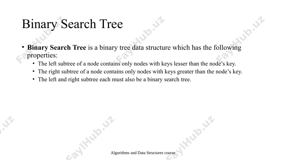 f a key: example we want to insert 4. we compare 4 with 8: 8 is greater, so continue in left subtree. algorithms and data structures course 8 9 2 1 3 binary search tree insertion of a key: example we want to insert 4. we compare 4 with 8: 8 is greater, so continue in left subtree. we compare 4 with 2: 2 is smaller, so continue in right subtree. algorithms and data structures course 8 9 2 1 3 binary search tree insertion of a key: example we want to insert 4. we compare 4 with 8: 8 is greater, so continue in left subtree. we compare 4 with 2: 2 is smaller, so continue in right subtree. we compare 4 with 3: 3 is smaller, so continue in right subtree. algorithms and data structures course 8 9 2 1 3 binary search tree insertion of a key: …