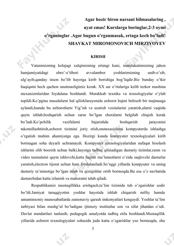 g ijrosini amalga oshirish yuzasidan va axborotkommunikatsiya texnologiyalari sohasida strategik ustuvorlikni amalga oshirishga doir amaliy chora-tadbirlarni ta’minlash maqsadida vazirlar mahkamasining 2002-yil 6-iyundagi “2002-2010 yillarda kompyuterlashtirish axborotkommunikatsiya texnologiyalarini rivojlantirish dasturi ” to’g’risidagi qarori e’lonqilindi. 2005 yil 2-iyunda o’zbеkiston rеspublikasi birinchi prеzidеntining “axborot tеxnologiyalari sohasida kadrlar tayyorlash tizimini takomillashtirish to’g’risida”gi qarori qabul qilindi. bu qarorlarning davomi sifatida o’zbekiston respublikasi “axborot erkinligi prinsiplari va kafolatlari to’g’risida” qonuni 2012-yil 12- dekabrda qabul qilindi. ushbu qonun 16 moddadan tashkil topgan bo’lib, unda ushbu qonunning asosiy vazifalari, axborot erkinligi prinsiplari va kafolatlari to'g'risidagi qonun hujjatlari, axborot erkinligining asosiy prinsiplari axborotning ochiqligi va oshkoraligi, axborotni olish tartibi, shaxsning, jamiyatning, davlatning axborot borasidagi xavfsizligi, shu kabi bir qator moddalarni o’z ichiga olgan. inson uchun axborotlarni to’plashda uning barcha sezgi organlari xizmat qilsa, uzoq masofadagi axborotlarni to’plash uchun bu esa yetarli emas, buning uchun maxsus texnik vositalar talab qilinadi. bugungi kunda ya’ni axborot asri bo’lmish xxi asrda o’zbekiston respublikasining …