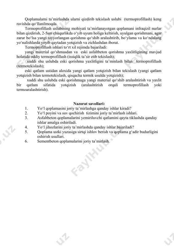 yrim nosoz yo‘l belgilari va to‘siqlarni bo‘yash va almashtirish xamda shiyponchalar, o‘rindiqlarni o‘rnatish va ularni ta’mirlash, pannolarni o‘rnatish va ta’mirlash; obodonlashtirish va me’moriy bezash elementlaridagi, shuningdek muxofazalovchi va ogoxlantiruvchi qurilmalardagi nosozliklarini tuzatish; ko‘rinishni ta’minlash uchun ayrim daraxtlarni olib tashlash va daraxt shoxlarini kesish; avtomobil yo‘llari jixozlari va elementlarini bo‘yash, ularni ozoda va tartibli saqlash. bahorda kunlar isishi bilan qoplamadagi sho‘ralash, uvalanish, o‘yiq, yoriq, alohida to‘lqinlar, o‘ydim-chuqur, do‘ngliklar, sinishlar va qoplama qirg‘og‘ining noravonliklari kabi mayda shikastlanishlar bartaraf qilinadi. asfaltbeton qoplamalarni termoprofillash yo‘l qoplamalarining ulardan foydalanish davrida xizmat ko‘rsatish muddatlari va mustahkamligini oshirish ularning nafaqat mustahkamligini, balki dastlabki sifat ko‘rsatkichlarini qaytadan tiklash imkoniyatlarining mavjudligidadir. shuning uchun, qoplama sifatida keng ko‘lamda tarqalgan asfaltbeton qoplamalarni regeneratsiya (yo‘qotilgan sifatini qaytadan tiklash) masalalariga alohida ahamiyat berish zarur. hozirgi zamon talablariga tadbiqan regeneratsiya (qayta tiklash) deyilganda, foydalanishda bo‘lgan yo‘l to‘shamasini qayta ishlash va ishlov berishning shunday uslubi tushuniladiki, bunda takomillashgan ishlab chiqarish texnologik jarayonlar bazasida eski materiallardan …