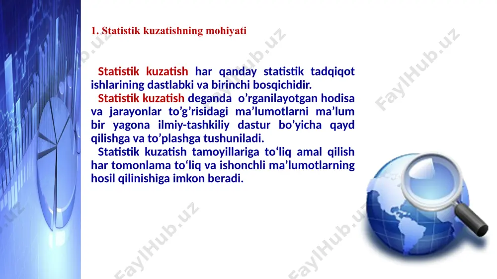 savdo korxonalarini jihozlanish darajasining bozor iqtisodiyoti talablariga javob berishi va bermasligini o’rganish uchun maxsus kuzatish o’tkazishdir. 12 statistik kuzatish to'plam birliklarini qamrab olish darajasiga qarab ikki turga bo‘linadi: statistik kuzatish yoppasiga kuzatish to’plam birliklarining barchasi kuzatiladi. masalan, o’zbekistonda 2022 yilda o’tkazilgan aholi ro’yxati, respublika fuqarolarning barchasi (qayerdaligidan qat’iy nazar) ro’yxatga olinadi. qisman kuzatish o’rganilayotgan to’plam birliklarining bir qismi kuzatishga jalb qilinadi. qisman kuzatish 4ta turga bo’linadi savollar yozilgan varaqalar kuzatish birliklariga tarqatilib, ular to’ldirilgandan so’ng yig’ishtirib olinadi va umumlashtiriladi. bunda to’plamning bir bo’lagini har tomonlama va chuqur o’rganish tushuniladi. o’rganilayotgan belgi umumiy hajmida eng salmoqli o’rin tutgan birliklar ajratib olib o’rganiladi. bosh to’plamdan bir qismini tanlab olib tekshirish tushuniladi. anketa orqali kuzatish monografik tasvirlash asosiy massivni kuzatish tanlab kuzatish statistik kuzatishning shakllari, usullari va turlari 4. statistik hisobot statistik kuzatish tashkil etilishiga qarab: statistik hisobot va maxsus uyushtirilgan statistik kuzatishlarga bo’linadi. hisobot (buxgalteriya va statistik hisobotlarga bo’linadi) statistik kuzatishning asosiy …