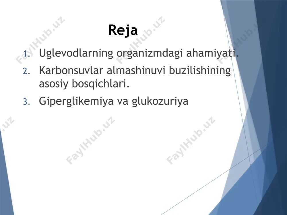 soblanadi. 4. glukokortikoidlar buyrakusti bezining po’stloq qismi garmonlari bo’lib, ular glikogenni glikolitik parchalanishi va glikoneoginez jarayonini tezlashtiradi. 5. tiroksin jigarda glikogenni parchalanishini tezlashtiradi, kislorod bilan bog’liq oksidlanish va fosforlanish jarayonini buzadi, giperglikemiyani keltirib chiqaradi, glukokortikoidlarni sinergisti hisoblanadi. uglevodlar almashinuvining buzilishi karbonsuvlar almashinuvining buzilishi – ko’pincha giperglikemiya va glikozuriya sifatida ifodalanib nisbatan osonlik bilan aniqlanadi. sabablari va rivojlanish mexanizmlariga qarab bir necha turi farqlanadi: 1. alimentar, oziq-ovqatga bog’liq, ya’ni karbonsuvli maxsulotlarni, ayniqsa tez o’zlashtiruvchilarni ko’p iste’mol qilishga bog’liq giperglikemiya va glikozuriya. 2. umuman nerv sistemasi, ayniqsa markazni qo’zg’alishini kuchayishi natijasida yuzaga keladigan 3. simpatik-andrenal tizimning qo’zg’alishi yoki bevosita yuboriligan adrenalin tasiridan 4. gipofizar, ya’ni ushbu bosh bezning turli gipermonlari ta’sirida yuzaga kelgan 5. osqazon osti bezining faoliyati buzilishi tufayliinsulin yetishmasligi yoki glukagonning ko’proq hosil bo’lishi natijasida paydo bo’lgan 6. alloksan ta’siridan, organizmda ham yuz berishi mumki, ammo asosan eksperimentda yuz beradigan 7. xloridzin-meva daraxtlarining u yoki bu tarkibidan tayyorlangan sharbatlar tarkibidagi …