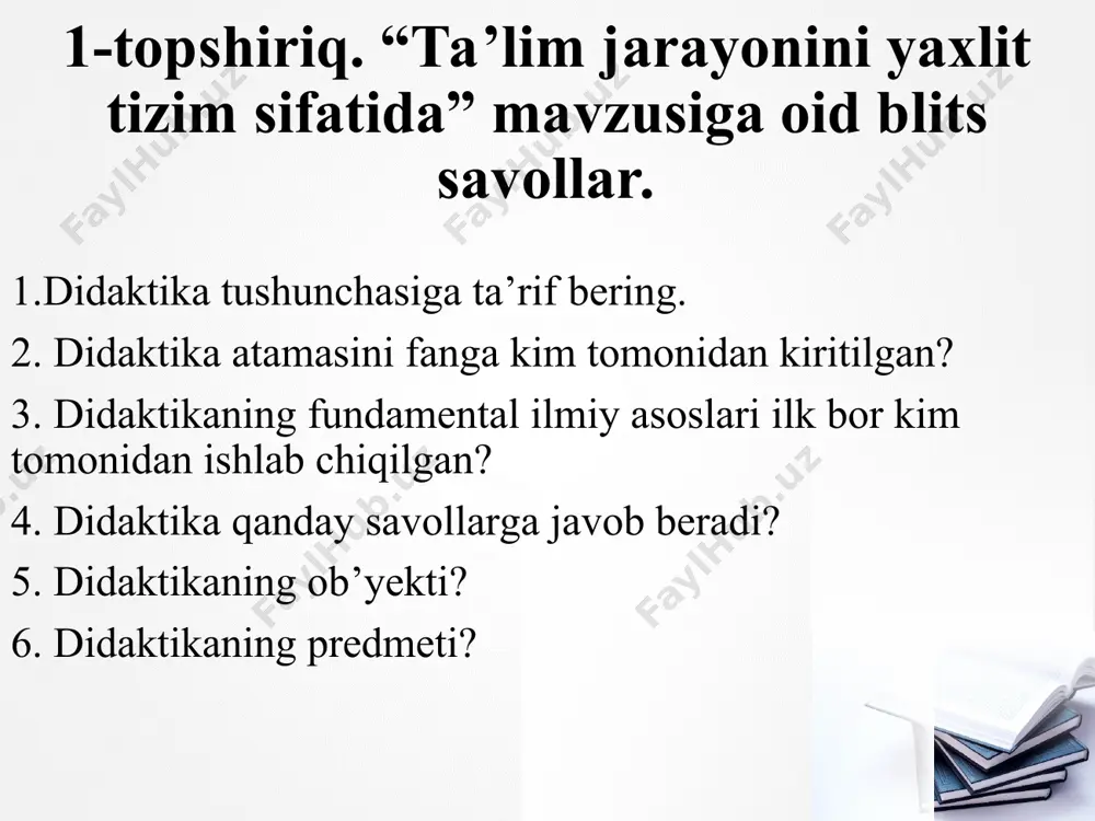 ro muloqot, ijod, dialog, shaxs o‘sishi uchun yordamga yo‘naltirilgan. ilmiy-texnik, texnokratik paradigma bosh maqsadi amaliy takomillashtirish uchun zarur «aniq» ilmiy bilimlarni uzatish va o‘zlashtirishdan kelib chiqadi. «bilim - kuch», shuning uchun inson qadr-qimmatini uning bilish imkoniyatlari aniqlab beradi. ezoterik paradigma bu bizning sayyoramizdagi eng qadimiy ta’limiy paradigmalardan biri. mazkur so‘zning yunonchadan so‘zma-so‘z tarjimasi «sirli», «yashirin» ma’nolarini bildiradi. uning mohiyatini abadiy va o‘zgarmas haqiqatga munosabat tashkil etadi. 4-topshiriq.ta’lim jarayoni tushunchalarini o‘zlashtirishga doir muqobilini tanlab olish testi 1. o‘quv jarayonining umumiy maqsadlari va qonuniyatlariga binoan uning mazmuni, tashkiliy shakl va metodlarini belgilovchi boshlang‘ich qoidalardir. a. qonuniyat 2. qonunlarning aniq sharoitlaridagi harakat ifodasidir b. tamoyil 3. ta’lim jarayonining tarkibiy qismlari orasidagi ob’ektiv, mavjud, barqaror, takrorlanuvchi aloqadorlik v. qonun 4. ta’limiy hodisalarning namoyon bo‘lishi va rivojlanishi bilan shartlanadigan ichki mavjud aloqalar tushuniladi g. didaktik tamoyillar 5. biror- bir nazariyaning asosi, negizi, asosiy boshlangich qoidasi; boshqaruvchi g‘oya, faoliyatning asosiy qoidasi; umumlashtirilgan talab d. qoida 6. …