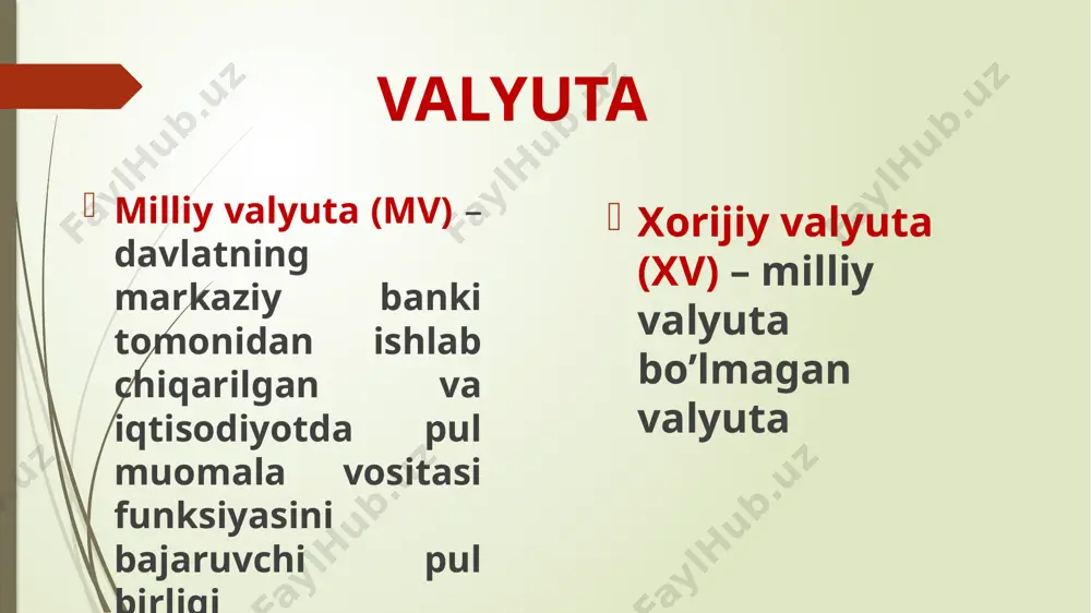 mulkni sotib olish va sotish xorijiy davlatlardan mablag’larni hisobvaraqlar va jalb etish xorijiy davlatlarda mablag’larni hisobvaraqlar va omonatlarga joylashtirish kiradi. valyuta pozitsiyasi: agar usd qadri oshsa uzs qadri oshsa (usd qadri (uzs qadri tushsa) foyda oshadi. tushsa) foyda tushadi. va uzs va usd da uzun (long) pozitsiya. da qisqa (short) pozitsiya aktivlar aktivlar uzs 100 uzs 400 usd 400 usd 100 aktivlar aktivlar uzs 100 uzs 400 usd 400 usd 100 masalan: 1-xolat 2-xolat birinchi xolatda jami aktivlar usd ikkinchi xolatda esa jami aktivlar da amalga oshirilgan va usd ning usd da amalga oshirilgan bo’lib, usdning oshishi sababli bir yilda korxona tushishi sababli uzs oshgani ko’rinmoqda ma’lum miqdorda foydaga chiqmoqda va bu xolatda usd ga nisbatan korxona va bu xolatda korxona faoliyati faoliyati qisqa pozitsiyani ifodalaydi. uzun pozitsiyani ifodalaydi. sana usd/uzs jami balans 31,12,2020 9,600 500 31,12,2021 10,500 547 % da o’zgarish 9% usd + uzs- sana usd/uzs jami balans …