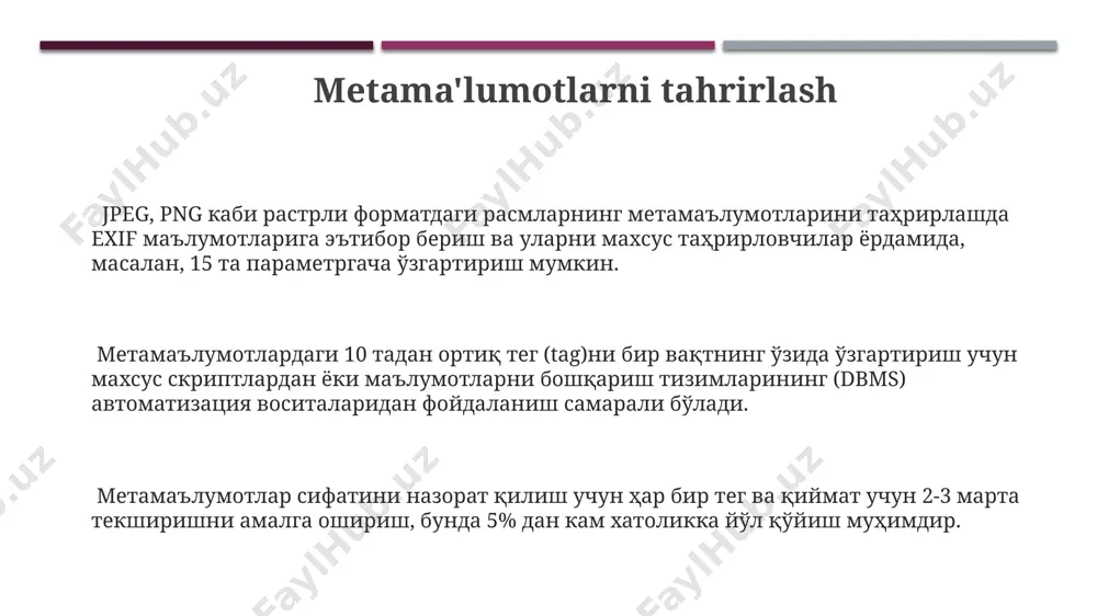 ularni tez va samarali almashtirish mumkin. bu vaqtni tejaydi. matnli fayllarni tahrirlashda, masalan, microsoft word yoki google docs kabi dasturlar yordamida 30000 belgidan ortiq hujjatlarni formatlash, tuzatish va yangi kontent qo'shish mumkin, bu esa matnning tuzilishi va ko'rinishini yaxshilashga yordam beradi. ba'zi matn tahrirlovchilar, masalan, sublime text, 50 dan ortiq dasturlash tillarini qo'llab-quvvatlaydi va sintaksisni ta'kidlash orqali kodni tahrirlashni osonlashtiradi, bu esa kodlashda xatolarni kamaytiradi. raqamli tasvirlarni tahrirlash adobe photoshop kabi professional dasturlar, raw formatdagi 14 bitli tasvirlarni tahrirlash imkoniyatini taqdim etib, ranglarning dinamik diapazonini kengaytiradi va tasvir sifatini sezilarli darajada yaxshilaydi. tasvirlarni tahrirlashda qatlamli (layer) tahrirlash texnikasi, 10 dan ortiq qatlamni birlashtirish orqali murakkab effektlar yaratish va har bir qatlamni alohida tahrirlash imkoniyatini beradi. raqamli tasvirlarni tahrirlashda 16 million rangdan ortiq palitrali rgb rang modelini qo'llash, yuqori aniqlikdagi tasvirlarni yaratish imkonini beradi va ranglarni aniqroq boshqarishga yordam beradi. raqamli ma'lumotlarni tahrirlash usullari raqamli tasvirlarni tahrirlashda qatlamli tahrirlash texnologiyalari 256 …