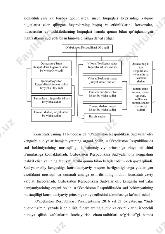 umanlararo fuqarolik ishlari bo‘yicha sudlar viloyat,toshkent shahar fuqarolik ishlari sudlari tuman, shahar jinoyat ishlari bo‘yicha sudlar tumanlararo fuqarolik ishlari bo‘yicha sudlar viloyat,toshkent shahar jinoyat ishlari sudlari o’zbekiston respublikasi oliy sudi tumanlararo, tuman, shahar iqtisodiy sudlari va tuman, shahar ma`muriy sudlari harbiy sudlar konstitutsiyaning 111-moddasida “o'zbekiston respublikasi sud`yalar oliy kengashi sud`yalar hamjamiyatining organi bo'lib, u o'zbekiston respublikasida sud hokimiyatining mustaqilligi konstitutsiyaviy printsipiga rioya etilishini ta'minlashga ko'maklashadi. o'zbekiston respublikasi sud`yalar oliy kengashini tashkil etish va uning faoliyati tartibi qonun bilan belgilanadi” – deb qayd qilindi. sud`yalar oliy kengashiga konstitutsiyaviy maqom berilganligi unga yuklatilgan vazifalarni mustaqil va samarali amalga oshirilishining muhim konstitutsiyaviy kafolati hisoblanadi. o'zbekiston respublikasi sudyalar oliy kengashi sud`yalar hamjamiyatining organi bo'lib, u o'zbekiston respublikasida sud hokimiyatining mustaqilligi konstitutsiyaviy prinsipiga rioya etilishini ta'minlashga ko'maklashadi. o'zbekiston respublikasi prezidentining 2016 yil 21 oktyabrdagi “sud-huquq tizimini yanada isloh qilish, fuqarolarning huquq va erkinliklarini ishonchli himoya qilish kafolatlarini kuchaytirish chora-tadbirlari to'g'risida”gi hamda 2017 yil 21 fevraldagi …