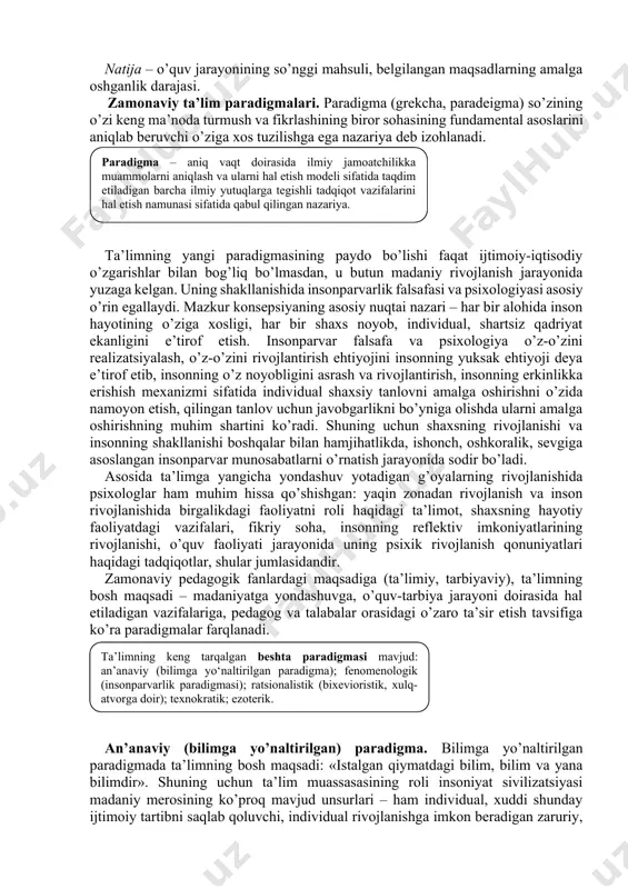 jarayonida egallanadigan bilim, ko’nikma, malakalar, kompetensiya va fikrlash usullari tizimi. bilim – ma’lum bir fanni nazariy o’zlashtirishni aks ettiradigan inson g’oyalari yig’indisi; ko’nikma – egallangan bilimlarning aniq xatti-harakatdagi ifodasi, o’zlashtirilgan bilimlarni amaliyotga qo’llash usullarini egallash. malaka – avtomatlashgan, biror bir usul bilan bexato bajarish, ko’nikmaning takomillashgan darajasi. kompetensiya – egallangan bilim, ko’nikma va malakalarni kundalik va kasbiy faoliyatda qo’llay olish layoqati. maqsad – o’qitishning nimaga qaratilganligi, uning kuchlari kelgusida qay yo’sinda safarbar etilishi. mazmun – o’qitish jarayonida egallanishi lozim bo’lgan ilmiy bilim, amaliy ko’nikma va malakalar, faoliyat, fikrlash usullari tizimi. tashkil etish – qo’yilgan maqsadni samarali amalga oshirish uchun unga zaruriy shaklni taqdim etadigan, aniq mezonlar bo’yicha tartiblangan didaktik jarayon. shakl – o’quv jarayonining tashqi ifodasi, uning ichki mohiyati, mantig’i, mazmuni uchun qobiq. metod – o’qitishning maqsad va vazifalariga erishish (amalga oshirish) yo’li. vosita – o’quv jarayonining predmetli qo’llab-quvvatlanishi, yangi materialni o’zlashtirish jarayonida o’qituvchi va talabalar tomonidan foydalaniladigan ob’yekt. natija …
