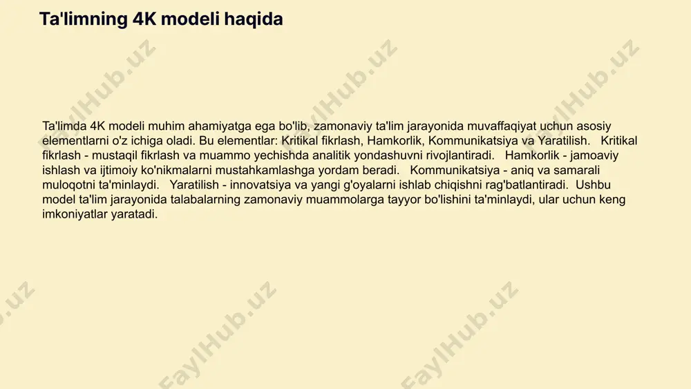 tikal fikrlash, hamkorlik va ijodkorlik kabi ko'nikmalarni rivojlantirish imkonini beradi. ushbu modelni qo'llash orqali talabalar real hayotdagi muammolarni hal qilishda faol ishtirok etadilar. loyiha asosida o'qitish metodikasida 4k modelining qo'llanilishi muvaffaqiyatli natijalarga olib keladi. 4k modelining amaliy ta'limdagi roli o'qituvchilarga o'quv jarayonini interaktiv va student markazli qilish imkonini beradi. bu esa ta'lim sifatini yanada oshirishga xizmat qiladi. kritikal fikrlash kritikal fikrlash muammo yechishda tahlil qilish, baholash va mustaqil fikr yuritishni o'z ichiga oladi. ta'limda bu o'quvchilarga mustaqil va tanqidiy fikrlashni rivojlantirishda yordam beradi. hamkorlik hamkorlik jamoaviy ishlash va muammo yechishda muhim. ta'limda bu o'quvchilarga birgalikda ishlash, fikr almashish va umumiy maqsadga erishish imkonini beradi. yaratilish jarayoni yaratilish jarayoni yangi g'oyalar va yondashuvlarni ishlab chiqish va amalga oshirishni o'z ichiga oladi. ta'limda bu innovatsiya va muhim fikrlashni rag'batlantiradi. kommunikatsiya kommunikatsiya fikrlarni aniq va samarali yetkazish jarayonidir. ta'limda bu o'quvchilarning muloqot qilish, tinglash va tushunishni rivojlantiradi. amaliy ta'limda kritikal fikrlash kritikal fikrlashning …