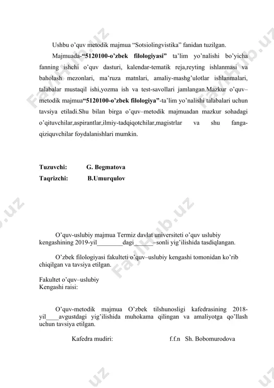 da gender yondashuv. 16 standart til muammosi 17 tilni planlashtirish 18 g’arb mamlakatlari sotsiolingvistikasi 19 sotsiolingvistikada savodxonlik tushunchasi mohiyati 20 sharq mamlakatlari sotsiolingvistikasi 21 rus tilshunosligida sotsiolingvistikaning o’rganilishi 22 o’zbek tilshunosligiga sotsiolingvistikaning o’rganilganlik darajasi 23 dunyo tillari va sotsiolingvistika . ii seminar mashg’ulot mavzulari 1 sotsiolingvistika fanining maqsad va vazifalari 2 lisoniy hamjamiyat 3 kodlar aralashuvi 4 kommunikatsiya shakllari 5 nutqiy muloqot, muomala,akt 6 til va siyosat 7 makro va mikrosotsiolingvistika 8 sotsiolingvistikaning tadqiq qilish usullari va metodlari 9 interferensiya 10 o’zbek tilshunosligida sotsiolingvistikaning o’rganilishi 11 diglossiya va ichki til masalalari 12 sotsiolingvistika fanining maqsad va vazifalari iii glossariy iv ilovalar 1 namunaviy dastur 2 ishchi o’quv dastur 3 tarqatma materiallar 4 testlar 5 baholash mezoni 1-ma‘ruza. sotsiolingvistika kursi predmeti, vazifalari.sotsiolingvistikaning vujudga kelishi va rivojlanishi reja: 1. fan haqida umumiy tushuncha. 2. fanning metodologik yo’nalishi. 3. sotsiolingvistikaning ma‘no mundarijasi. 4. fanning maqsad va vazifalari. tayanch so’zlar: ijtimoiy lingvistika, til va …