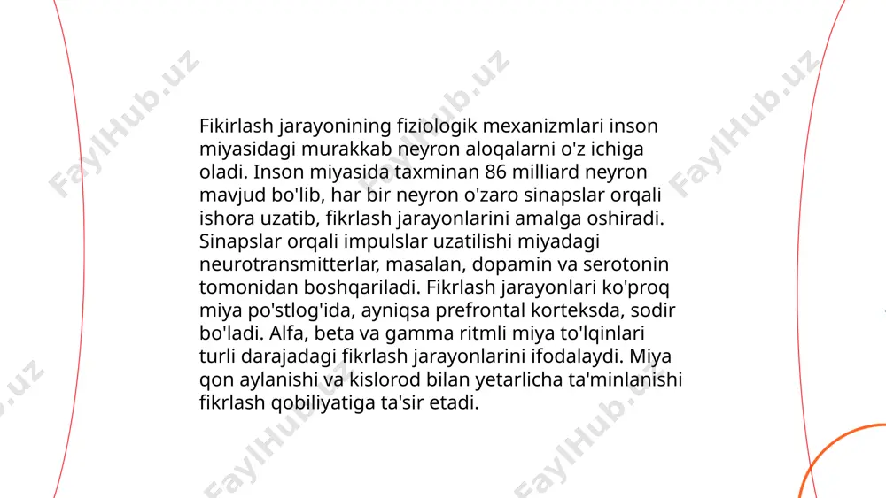jarayonlari odatda kognitiv funksiyalar, masalan, xotira, diqqat va qaror qabul qilish bilan bog'liqdir. fikirlash faoliyatning pisixa fizalogiyasi baxronov alisher ismatullaev temurbek axmetboyev g'anijon e'tiboringiz uchun raxmat! image1.png image2.png image3.png image4.jfif image5.png image6.jpg image7.jpg image8.jfif /docprops/thumbnail.jpeg