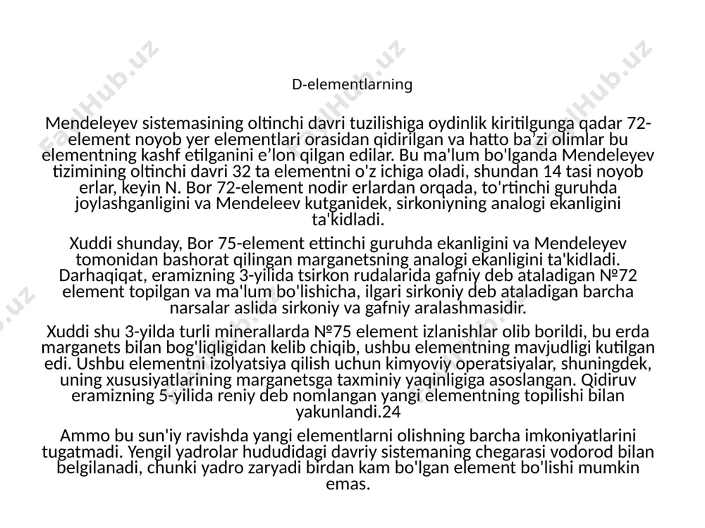 lariga mos keladigan birikmalar hosil bo'ladi. o'tish metallarining o'zgaruvchan valentligi ularning xarakterli xususiyatidir (ii va iii yon kichik guruhlarning metallari bundan mustasno). guruhlarning iv, v, vi, vii yon kichik guruhlari metallari birikmalar tarkibiga ham eng yuqori valentlik holatida ham (guruh raqamiga toʻgʻri keladi) ham, quyi valentlik holatlarida ham kirishi mumkin. masalan, titan 2-, 3-, 4-valentlik holatlari bilan, marganets uchun esa 2-, 3-, 4-, 6- va 7-valentlik holatlari bilan tavsiflanadi. o'tish metallarining oksidlari va gidroksidlari, ularda oxirgisi eng past valentlik holatida bo'lib, odatda asosiy xususiyatlarni namoyon qiladi, masalan, fe (oh) 2. yuqori oksidlar va gidroksidlar amfoter xususiyatlarga ega, masalan, tio 2, ti (oh) 4 yoki kislotali. oltinning 1 ta tabiiy, 22 ta radioktiv izotopi olingan. kalaverit - aute2 4ag+8kcn+2h2o+o2 = 4k[ag(cn)2] + 4koh 2k[ag(cn)2] + zn = k2[ag(cn)4] + 2ag 2agno3 + 2naoh = 2nano3 + ag2o + h2o 4au+8nacn+o2 +2h2o=4na[au(cn)2]+4naoh 2na[au(cn)2]+zn = na[zu(cn)4]+2au aucl3 = aucl + ci2 mis gruppachasi …