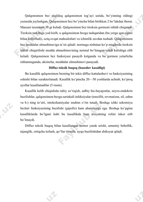 rakatlarisiz ham ko’rinib turadi, bez shu qadar kattalashadiki, bo’yinning shakli o’zgarib qoladi. palpatsiya qilinganda bez zichligi o’rtacha, atrofdagi to’qimalar bilan yopishmagan, pulsatsiya qilib turadi. ko’z simptomlari deb ataladigan hodisalar xarakterli: egzoftalm (ko’zning chaqchayib turishi), ko’zning kam pirillashi, „uzoq vaqt tikilib turish“ (shtellvag simptomi), ko’z soqqasi pastga harakatlantirilganda ustki qovoqning yumilishining kechikishi (grefe simptomi), konvergensiyaning susayib qolishi (mebius simptomi), bunda biror buyumni yaqindan ko’zdan kechirishda unga qarash qobiliyati buziladi (5-rasm, a). shuningdek, ko’zlarning yaltirab turishi va ba’zi bir boshqa simptomlar bo’ladi. yurak-tomir sistemasining toksikozi rivojlanishi bilan bog’liq simptomlari qayd qilinadi: yurakda unchalik kuchli bo’lmagan og’riq bo’lishi ehtimol, taxikardiya—yurak minutiga 100—150 martagacha uradi, puls tåzlashgan, arterial bosim oshgan, yurak chegaralari chapga kengaygan, yurak uchi proeksiyasi sohasida sistolik shovqin eshitiladi. båmorlar, odatda, oriq, teri qoplamlari nam bo’ladi, tana haroratining o’rtacha oshishi kuzatiladi. boshqa a’zolar va sistemalarda ham patologik o’zgarishlar qayd qilinadi, bu yo’talishda (kattalashgan qalqonsimon bezning traxeya va hiqildoqni bosishi sababli), me’da sekretsiyasining …