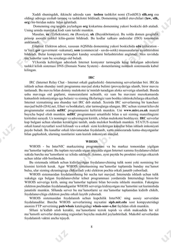 yorkêa junatsangiz, u bir kancha aloka bulimlaridan toshkent, angliya, germaniya yoki boshka mamlakatlar orkali etib borishi mumkin. u shlyuz deb ataluvchi kompyuterlaridan xam utishi mumkin. uni kanday yullardan utib kelganligi xatning bosh kismida uz aksini topgan buladi. ep tez muxokama vositasi: biror loyixani uzokdagi uz xamkorlaringiz bilan yoki bir gurux shaxslar bilan muxokama kilmokchi bulsangiz, uni tez muxokama kilish imkoniyati mavjud. bu esa xizmatning butunlay yangi bir turidir. xozir shu tarzda turli grantlarga talabnoma yuborish va ular bilan loyixaning ikir-chikirlarini muxokama kilish orkali amalga oshiriladi. qog’ozsiz ishlashga o’tish. turli idoralarga kuniga kelib tushadigan xatlar ruyxati va unga javob berish uchun kanchadan kancha kogozlar talab kilinadi. qog’ozlarni sotib olish va olib kelish xarakatlarini aytmaysizmi? buning urniga kelgan xatlar nusxasi va uning javoblari disketlarda saklansa, xatlarni ma’lum vaktdan sung oson kidirib topishdan tashkari, kancha-kancha iktisod borligini sezish kiyin emas. inson sog’ligi uchun foydaligi. ep inson sogligini ximoya kilish uchun xam katta omildir. …