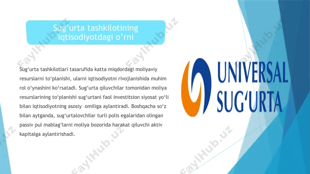 shirishda quyidagilarga majbur: a) qonunchilik talablariga rioya qilish; b) moliyaviy, texnik, axborot resurslari mavjudligini ta’minlash; v) investitsion riklarni to‘laqonli baholashni amalga oshirish va samarali qarorlar qabul qilish uchun malakali xodimlar bilan ta’minlash; g) javobgar shaxsning mablag‘larni investitsiya qilish maqsadga muvofiqligi to‘g‘risidagi yozma xulosalarini olish; d) javobgar shaxsning nizom bilan o‘rnatilgan malaka talablariga mos kelishligini ta’minlash. investitsion siyosatning asosiy elementlari – investitsion faoliyatni amalga oshirish bilan bog‘liq bo‘lgan risklar tahlili; – investitsion faoliyat obyektlari bo‘yicha sug‘urtalovchi (qayta sug‘urtalovchi) aktivlarini uzoq muddatli taqsimlash; – sug‘urtalovchi (qayta sug‘urtalovchi) aktivlarini investitsion faoliyat obyektlari, jug‘rofiy hududlar va iqtisodiyot tarmoqlari bo‘yicha taqsimlash limitlari; – investitsion faoliyatning ma’lum obyektlariga investitsiya qilishni chegaralash yoki ta’qiqlash; – javobgar shaxslar uchun sug‘urtalovchi (qayta sug‘urtalovchi) aktivlarini investitsiya qilishda qaror qabul qilish bo‘yicha vakolatlari va cheklovlari chegaralarini belgilash; – javobgar shaxslar uchun qo‘shimcha malaka talablari; – javobgar shaxs tomonidan ekspertiza o‘tkazish va xulosa tayyorlash tartibi; – investitsion faoliyat bilan bog‘liq og‘irlashgan sharoitlarning …