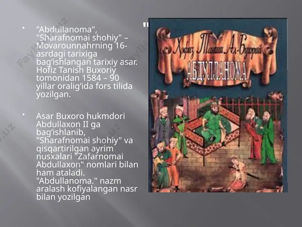 kasi mahmud sulton ubaydullaxonning otasiga bergan edi. shu tariqa, shayboniylarning movarounnahrda tashkil etgan davlati endilikda rasmiy ravishda buxoro xonligi deb ataladigan boʻldi. ubaydullaxon siyosatining ahamiyati ubaydullaxonning tariximizdagi xizmatlari katta. avvalo, u ismoil safaviy va qizilboshlarning hujumlarini bartaraf etib, movarounnahrni ularning harbiy-siyosiy tazyiqlaridan saqlab qoldi. ubaydullaxon hukmronligi davrida buxoroning markaz sifatidagi nufuzi har tomonlama oʻsdi. ubaydullaxon oʻz davlatining chegarasini shayboniyxon davridagi sarhadlarda qayta tiklashga harakat qildi. u hirotni ishgʻol etgan, qizilboshlarni bir necha marta magʻlubiyatga uchratgan edi. ayni paytda u mamlakat ichkarisidagi oʻzaro kurash va tarqoqlikka barham berdi. ubaydullaxon vafot etgach, ichki ziddiyatlar yana kuchaydi. ubaydullaxon hukmronligi davrida buxoroning siyosiy, iqtisodiy va madaniy markaz sifatidagi mavkei kuchaydi. buxoroda mir arab madrasasi, mirak sayd gʻiyos bogʻi, koʻhak (zarafshon) daryosi ustida mehtar qosim koʻprigi va b. inshootlar qurildi ubaydullaxon buxoro yaqinida joylashgan bahouddin majmuasidagi daxmai shohon (shohlar daxmasi)dagi shayboniylar xilxonasida dafn etilgan. ubaydullaxon kulliyoti yagona nusxada o‘zbekiston fa sharqshunoslik institutining qo‘lyozmalar fondida, «devoni …