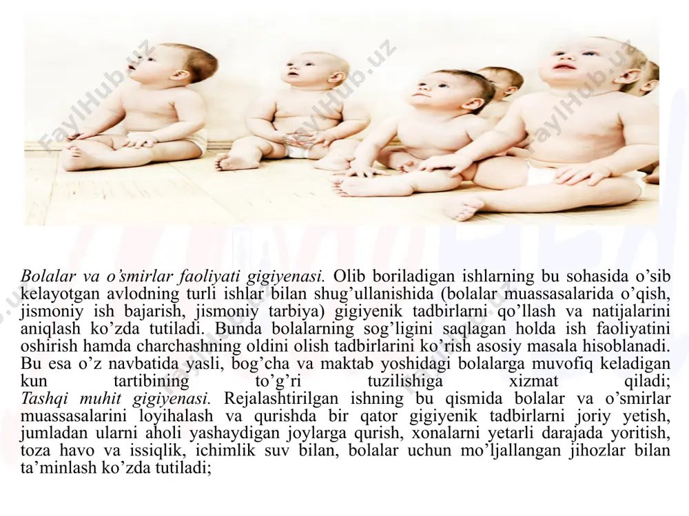 mova, x.sh. hayriddinov, k.r. rahimov, ye.m .mahmudov, u.z. qodirov, d.j. sharipova, r.a.ahmedovlar shular jumlasidandir. o’sish va rivojlanishning umumiy qonuniyatlari. bolalarni to'g'ri tarbiyalash uchun ular organizmining o'sishi va rivojlanishi kabi asosiy xususiyatlarini bilish zarur, ó'sish va rivojlanish barcha tirik organizmlar kabi odam organizmiga xos xususiyatdir. organizmning har tomonlama o'sishi va rivojlanishi uning paydo bo'lgan vaqtidan boshlanadi. bu ikki jarayon murakkab hisoblanib, bir butun va bir-biriga bog'langandir. o'sish deganda tana hujayralarining ko'payishi natijasida tirik organizm o'lchamlarining ortishi, ya’ni bo'yning cho'zilishi, og'irlikning ortishi tushuniladi. rivojlanish jarayoni a’zolar va ularning tizimlari faoliyatini funksional differensiyalanishi va takomillanishida namoyon bo’ladi. masalan, markaziy asab tizimining reflektor faohyatini ichki kortikal aloqalarni, yurak-tomir, ovqat hazm qilish, tayanch-harakatlanishi va boshqa tizmlarning murakkablashuvi va rivojlanishi hisobiga takomillashuvida bilinadi. o‘sish va rivojlanish tirik materiyaning umumiy biologik xususiyatlari hisoblanadi, uzluksiz ilgarilovchi jarayon ko'rinishida bo’ladi. u yoki bu fiziologik tizimlarning tuzilishida yoki faoliyatida yoshga oid xususiyaüarning mavjudligi, bola organizmini alohida yoshga oid davrida to’laqonli …