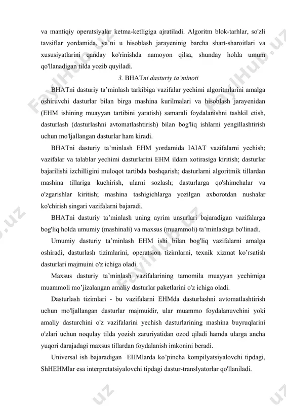 anadi. dasturlashning mashina-mo'ljallangan tizimlari ehm tuzilish xususiyatlariga bog'liq kirish tiliga egadir. dasturlashning mashina-mustaqil tizimlari tadbir muljallangan tillar asosida tuzilmoqda. tadbir muljallangan tizimlar mashina mo'ljallangan tizimlardan farqli ularoq, dasturlashning kirish tili sifatida muayyan ehmga bog'liq bo'lmagan turli xil tillardan foydalaniladi. ular dasturchini mashina dasturini yozishdan ozod qiladi. tashgi ma’lumotlarni ichkiga ailantirish мb ichki tashgi hisobotlar аа tizimi (o’s) каsbi bo’icha rahbariyat igtisodchi hisobotlar маrketing avtomatlashtirilgan tizimi qarorlar qabul qilish tizimi