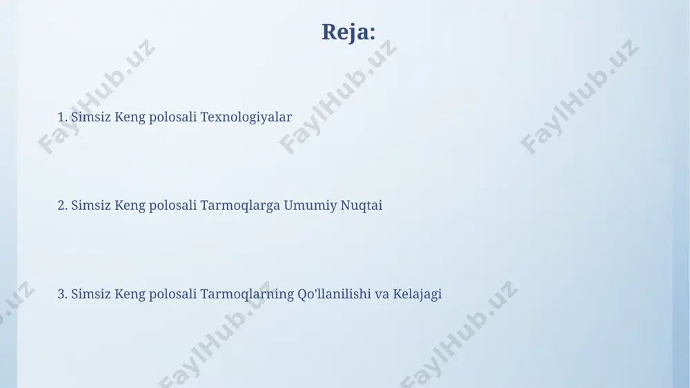 ogiyasidan foydalanib, 10 mbps gacha tezlikda ulanish mumkin, lekin signalning barqarorligi geografik sharoitlarga bog'liq. tarmoq xavfsizligi va himoyasi toshkent shahri wi-fi tarmoqlari, taxminan 10 million foydalanuvchiga ega bo'lib, malakasiz administratorlar tomonidan o'rnatilgan zaif parollardan kelib chiqadigan xavfsizlik zaifliklariga moyil. farg'ona vodiysidagi kichik bizneslarning 75% dan ortig'i simsiz tarmoq xavfsizligini ta'minlash uchun hech qanday himoya choralarini qo'llamaydi, bu esa ma'lumotlar o'g'irlanish xavfini sezilarli darajada oshiradi. simsiz keng qamrovli texnologiyalar simsiz keng qamrovli texnologiyalar, masalan, 4g lte va 5g, o'zbekistonning yirik shaharlarida, shu jumladan toshkent va samarqandda, yuqori tezlikdagi internetga kirishni ta'minlaydi, bu esa 100 mbps dan yuqori tezliklarni beradi. wi-fi 6e kabi yangi simsiz standartlar 6 ghz chastota diapazonidan foydalangan holda, ma'lumot uzatish tezligini 1 gbps gacha oshirishga imkon beradi va shuning uchun trafikning yuqori zichlikdagi hududlarida, masalan, yirik konferentsiya markazlarida ancha samaraliroq ishlaydi. kelajakdagi tendentsiyalar va yutuqlar sun'iy intellekt (ai) yordamida tarmoq boshqaruvi va optimallashtirishning rivojlanishi, masalan, london va tokio …