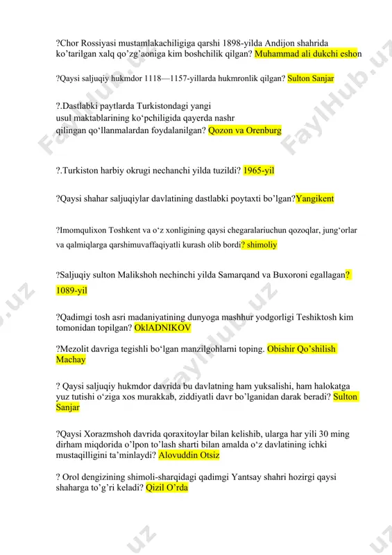 ?qadimgi buyuk ipak yo’li qaysi shahardan boshlangan? sariq dengiz sohili(chayan sh.)dan ?buxoro xonligi shaharlarida qaysi sulola davrida 150 dan ortiq madrasalar mavjud bo’lgan? shayboniylar ? respublika baynalmilal madaniyat markazi qachon tashkil etilgan? 1992-yil ? 1346-yili chig‘atoy ulusi xoni qozonxon kim tomonidan o’ldirilgan? mo’g’il amirlari ?movarounnahr va xuroson hududlarida somoniylar davlati hukm surgan yillarni ko‘rsating. 864-999 ? amir ma’sum (≪begunoh amir≫) nomlari bilan ulug’langan hukmdorni aniqlang. amir shohmurod ? qaysi buxoro amiri ikki yirik davlat arbobi — davlat qushbegi bilan nizomiddin qozi kalonni saroy, qo‘shin va boshqa sohadagi amaldorlar huzurida o ‘z qo’li bilan o’ldirgan? amir shohmurod ?o‘rta asrlarda xorazm davlatining mustaqillikka erishishi qaysi hukmdor nomi bilan bog‘liq? otsiz ?rossiya imperiyasi qo’shinlari 1864-yil 14-iyulda qaysi shaharga yurish boshladi? chimkent ?rossiya imperiyasi qo’shinlari 1873-yil xiva xonligiga qarshi qancha qo’shin jo’natdi? 12 mingdan ortiq askar, 4600 ot va 20 mimg tuya ?xiva xonligi va rossiya imperiyasi o’rtasidagi 1873-yil 12-avgustdagi shartnoma qayerda imzolangan? gandimiyon …