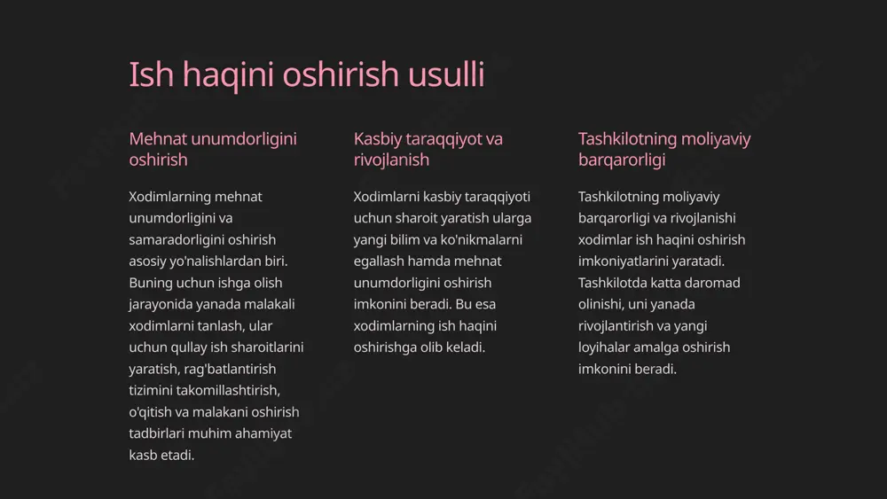 ohazalarini inobatga olish talab etiladi. 6 xususiy va davlat sektoridagi ish haqi xususiy sektor xususiy sektorda ish haqining shakllantirish jarayoni yanada dinamik, raqobatbardosh va shaxsiy manfaatlar bilan chambarchas bog'liq. xususiy korxonalarda ish haqi ko'proq bozor talablari, ishlab chiqarish hajmi, moliyaviy imkoniyatlar, xodimlarning bilim va ko'nikmalariga asoslanadi. davlat sektori davlat sektorida ish haqini shakllantirishda asosiy omillar sifatida me'yoriy-huquqiy hujjatlar, byudjet imkoniyatlari, lavozim maoshlarining standartlari, mehnat unumdorligi kabilar e'tiborga olinadi. ish haqini belgilash jarayoni esa ancha muvozanatlashgan va tizimli bo'ladi. qiyosiy tahlil xususiy va davlat sektori o'rtasidagi ish haqi tizimini qiyosiy tahlil qilish ularning o'ziga xos xususiyatlarini va farqlarini aniqlashga yordam beradi. bu esa xodimlarni jalb qilish, saqlash va rag'batlantirish strategiyalarini ishlab chiqishga asos bo'ladi. 7 globallashuv va ish haqi xalqaro integratsiya globallashuv jarayonida ish haqi tizimlarini xalqaro standartlarga moslashtirishni talab etadi. bu xodimlarni jalb qilish va saqlab qolish, xalqaro raqobatbardoshlikni ta'minlash uchun muhimdir. ish haqining trans-milliy harakati dunyo miqyosida ish haqining …
