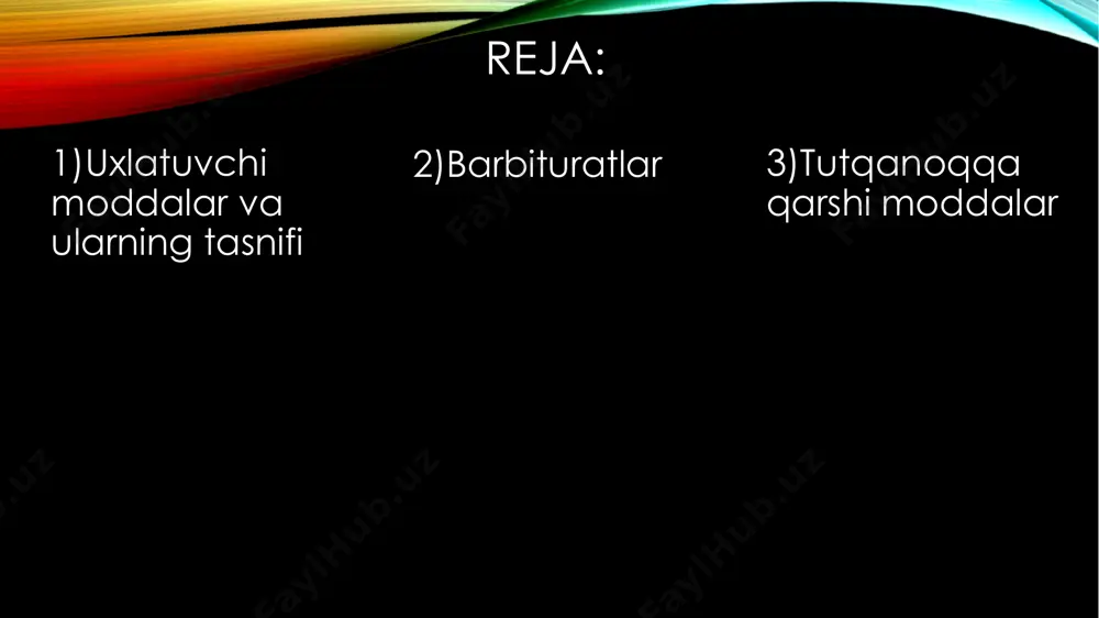 obarbital, etaminal natriy, fenobarbital barbituratlaming uxlatuvchi ta’sir mexanizmi quyidagilardan iborat: moddalar retikulyar formatsiyaning miya po‘stlog‘iga bo'ladigan faollashtiruvchi ta’sirini kamaytirib, tinchlantiradi. miya po‘stlog‘iga yo'l olgan tonik impulslar yetib bormasdan, po'stloq faolligi susayadi, uyqu keladi. barbituratlar gamk faolligini oshirishi tufayli qo'zg'alish jarayonlari cheklanadi, faollovchi mediatorlar (serotonin, katexolaminlar)ning ajralishi kamayadi. barbituratlar barbituratlar og’iz orqali yuborilganda, oshqozon-ichakdan yaxshi so’riladi. bir qismi plazmadagi oqsillar bilan bir qator birikmalar hosil qiladi, birikmagan qismi miyaga o’tib, farmakologik ta’sir ko’rsatadi. jigarda barbituratlar biotransformatsiyaga uchraydi. masalan, jigari sog’lomlarda fenobarbital konsentratsiyasi 24 soatda 60-70%, gepatitga 7,5% kamayadi. ta’sir muddatining davomliligi bo'yicha barbituratlar 2 guruhga bo'linadi: o'rta (etaminal natriy), davomli (fenobarbital,barbital natriy) ta’sir etuvchi moddalar. o'rta ta’sir etuvchi moddalar jigarda o'zgarib boradi, bir qismi esa o'zgarmasdan buyrakdan chiqib ketadi. uzoq muddat ta ’sir etuvchi moddalar jigarda saqlanib zararsizlanadi, ko'p miqdorda o'zgarmasdan organizmdan (30-50%) chiqib ketadi. barbituratlar uyqudan keyin ertasiga salbiy ta’sirlar keltirib chiqaradi: bo'shashish, uyqubosish, ish qobiliyatining pasayishi kabi holatlar yuz …