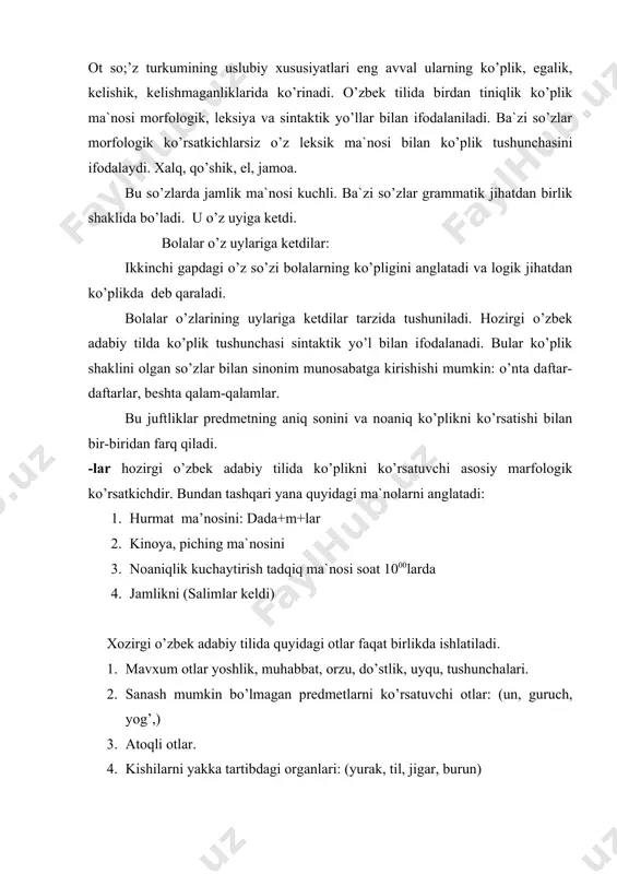 anlari: (yurak, til, jigar, burun) 5. kishi hayvon va jonivorlarning juft organlarini ko’rsatuvchi otlar. (quloq, ko’z, oyoq, qo’l). kelishiklarning o'zaro sinonimik holatda bo’lishi, ko’makchi va boshqa grammatik shakllar bilan teng kelishi belgili yoki belgisiz ishlatilishi kelishiklar ba`zan tushirilib qoldirishi, ba`zan esa tushirib qoldirilishi mumkin emasligi uslubiy qiymatiga ega. navoiy davlat pedagogika instituning «filologiya» fakul`teti to'rtinchi kursining studenti gapi grammatik jixatdan tug’ri shakllangan bo’lsa-da, uslubiy jihatdan to’g’ri emas, -ning qo’shimchasini qo’llashda ortiqchalikka yo’l quyilgan. qaratqich kelishigining hozirgi o’zbek adabiy tilidagi –ning shakli 4 xil ko’rinishga ega: 1. (belgisiz) 2. –ni 3. –ing 4.-n. maktab bog’i. dod, zolimni dastidan. tarixiy mavzuda yozilgan prozaik asarlarda yoki ba`zan hozirgi poetik asarlarda kelishik olmoshlarining 1 shaxs birlik va ko’plik shakillarida qaratkich –im, shaklida ham qo’shiladi: manim peshonamga nelar yozilgan (o.yo). o’zbekiston vatanim manim (a.o). kirish so’z vazifasida keladigan olmoshning 1 shaxs birligida ham –ning –im shaklida ishlatiladi. menimcha-meningcha. ko’makchilar bilan sinonimik munosabatda bo’lmaydi. hozirgi o’zbek …