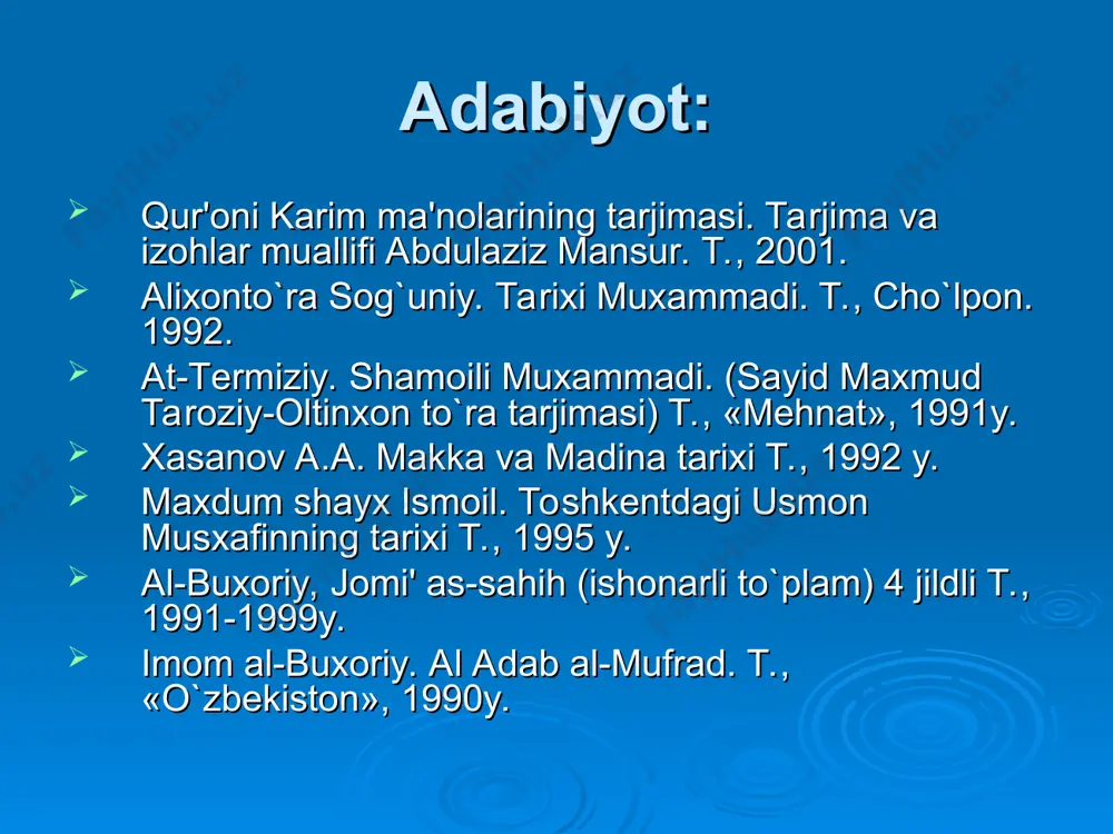 m dini aqidalarida aytilishicha 124 ming payg`ambar yashab o`tgan. shulardan 25 tasining nomi qur'oni karimda kеltirilgan. payg`ambarlar rasul - elchi va nabiy - xabar bеruvchilarga bo`linadi. shulardan 313 tasi rahmatilla qori obidov kеltirishicha rasul payg`ambarlar bo`lib, qolganlari nabiylardir muqaddasligiga shak-shubha bo`lmagan kitoblar odam (a.s) ga 10 ta, idris (a.s) ga 30 ta, ibrohim (a.s) ga 10 ta shis (a.s)ga 50 sahifalik kitob jami 100 sahifa hamda musoga tavrot, dovudga zabur, isoga injil, muxammad (s.a.v.) ga qur'on kitoblari nozil qilingan. oxirat islom dinida musulmonlarni oxiratga ishonib yashashlari iymon butligidan dalolatdir. qur'on ta'kidlab o`tadiki, oxirat hayoti - bu dunyo hayotidan yaxshidir. har bir musulmon uchun ko`zlagan maqsadi, ruhiy kamolotga erishishdir, qur'onda oxiratning bu dunyodan afzalligi turli oyatlarda aytib o`tilgan. inson uchun «ankabut» surasida shunday dеyilgan: «bu dunyo hayoti bеkorchi o`yindan iborat va albatta oxirat hayoti haqiqiy hayotdir-agar ular bilsalar» (64 oyat). «qahf» surasida bu dunyo hayoti quyidagicha tasvirlanadi: «bu dunyo hayotini ularga …