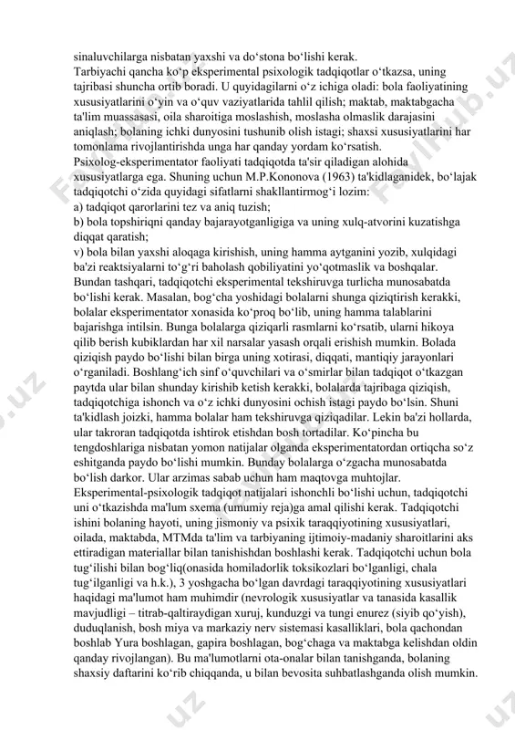 a ishonchlilikdir, agar o‘lchov uskunalari bu ikkala mezonga mos kelmasa, u holda psixodiagnostikada bu vositalarni qo‘llash umuman mumkin emas. mabodo metodikaning aniqligi va bir sifatliligi to‘liq bo‘lmasa ham uni aniq shartlar asosida qo‘llash mumkin. ammo quyidagilarni unutmaslik zarur: noaniq metodika, o‘tkazilayotgan eksperiment natijalari biror-bir xususiyatdagi kichik o‘zgarishlarni aniqlash imkonini bermaydi; metodika bir sifatliligining to‘liq emasligi, hamisha ham aynan baholanayotgan xususiyatdagi o‘zgarishlar darajasi bilan olingan ko‘rsatkichlarni taqqoslash imkonini bermaydi. 3. psixodiagnostik metodikani va tekshiruv natijalarini standartlashtirish muammosi. psixodiagnostik natijalarga qo‘llanilgan metodikadan tashqari voqea hamda hodisalar ham ta'sir qiladi, ya'ni berilgan ko‘rsatmalarni sinaluvchining to‘g‘ri tushunmasligi va test vaqtida sinovchining xulqi va shaxs xususiyatlari o‘z ta'sirini ko‘rsatishi mumkin. agar voqelikni sinaluvchi imtihon sifatida qabul qilsa, o‘zini shu voqelikka mos tarzda tutadi. yuqori xavotirli odamni hamisha va hamma payt yuqori «xavotirlik» holati qamrab oladi, har qanday hodisani xavf sifatida qabul qiladi. kichik darajali xavotirli odam buning aksidir, ya'ni o‘zini erkin tutadi. sinaluvchilarning xulqi, xatti-harakati …