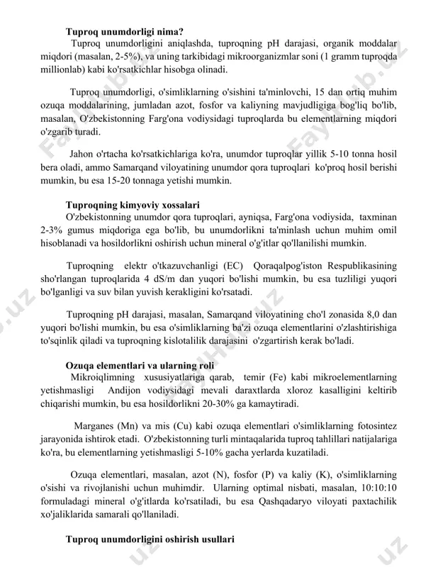 ot, fosfor va kaliyning mavjudligiga bog'liq bo'lib, masalan, o'zbekistonning farg'ona vodiysidagi tuproqlarda bu elementlarning miqdori o'zgarib turadi. jahon o'rtacha ko'rsatkichlariga ko'ra, unumdor tuproqlar yillik 5-10 tonna hosil bera oladi, ammo samarqand viloyatining unumdor qora tuproqlari ko'proq hosil berishi mumkin, bu esa 15-20 tonnaga yetishi mumkin. tuproqning kimyoviy xossalari o'zbekistonning unumdor qora tuproqlari, ayniqsa, farg'ona vodiysida, taxminan 2-3% gumus miqdoriga ega bo'lib, bu unumdorlikni ta'minlash uchun muhim omil hisoblanadi va hosildorlikni oshirish uchun mineral o'g'itlar qo'llanilishi mumkin. tuproqning elektr o'tkazuvchanligi (ec) qoraqalpog'iston respublikasining sho'rlangan tuproqlarida 4 ds/m dan yuqori bo'lishi mumkin, bu esa tuzliligi yuqori bo'lganligi va suv bilan yuvish kerakligini ko'rsatadi. tuproqning ph darajasi, masalan, samarqand viloyatining cho'l zonasida 8,0 dan yuqori bo'lishi mumkin, bu esa o'simliklarning ba'zi ozuqa elementlarini o'zlashtirishiga to'sqinlik qiladi va tuproqning kislotalilik darajasini o'zgartirish kerak bo'ladi. ozuqa elementlari va ularning roli mikroiqlimning xususiyatlariga qarab, temir (fe) kabi mikroelementlarning yetishmasligi andijon vodiysidagi mevali daraxtlarda xloroz kasalligini keltirib …
