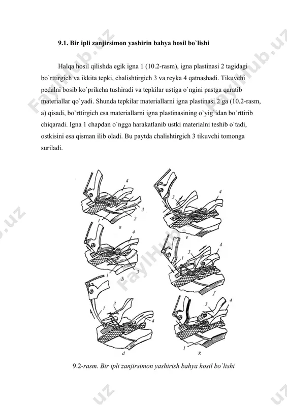 ning bo`ralma harakati bilan vertikal harakati qo`yilganda esa kiyim etagi igna bir gal teshib o`tgandan keyin bukib tikadi. mashinaga ip taqishda ipni g`altakdan tushirib, yuqoridan ip yo`naltiruvchi teshik 30 ga (9.3.-rasm) kiritiladi, taranglik rostlagichi shaybalari 29 orasidan soat mili harakati yo`nalishida aylantirib, oldinga tomon ip yo`naltiruvchi teshik 28 dan o`tkaziladi, sim ip yo`naltirgich 16 halqasiga kiritiladi. maxovik g`ildirak 32 ni burib, igna yuritkich 15 chap chekka holatga keltiriladi, yuqoridan pastga tomon ip ip yo`naltiruvchi teshik 14 dan, keyin sim ip yo`naltirgich 13 dan o`tkazilib, pastdan yuqori tomon igna 7 ko`ziga taqiladi. 9.3. - rasm.285 rusumli tikuv mashinasi. mashina maxsus ish stoliga o`rnatiladi. uning chap pedali elektr friktsion yuritmani ishga tushirishga, o`ng pedali esa ko`prikcha 3 ni igna plastinasi 6 ga nisbatan tushirishga xizmat qiladi. bukib tikish ishlarining bajarilishi qulay bo`lishi uchun mashina ochiladigan stol 2 bilan ta`minlangan bo`lib, uni soat mili harakatiga qarshi yo`nalishda burib, ish holatidan chiqarish mumkin. ochiladigan …