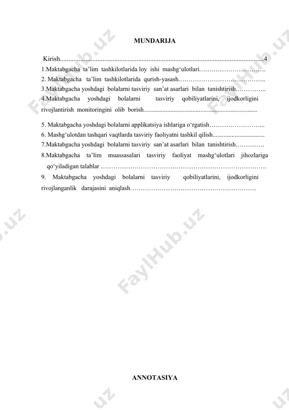 ni berish metodikasi, raks xarakatlariga, kushik aytishga musika tinglashga musika asboblarida chalishga urgatish usullari va yullari, musikaviy ta’limiy uyinlardan foydalanish, saxnalashtirilgan tomosholarga urgatish, musika ta’limini berish buyicha ishlarni rejalashtirish va xisobga olish, musika ta’limi metodikasini dars berishning tashkiliy shakllari. bu fan psixologiya, yangi pedagogik texnologiya, anotomiya – fiziologiya, tasviriy faoliyat, musika tarixi va nazariyasi, bolalar ijodkorligi, maktabgacha pedogogika va boshqa fanlarining nazariy va amaliy xulosalariga tayanadi. maktabgacha pedagogika fanining metodlari, bolalar psixikasi va psixologik xususiyatlari, talim va talimning zamonaviy usullari. 1-mavzu. maktabgacha ta’lim tashkilotlarida loy ishi mashg‘ulotlari. (2 soat). reja: 1. haykaltaroshlik va uning xususiyatlari. loy ishi uchun ashyo va jihozlar. 2. loy va plastilindan o‘yinchoqlar yasashning sensor asoslari. 3. loy va plastilindan o‘yinchoqlar yasash mashg‘ulotlarida bolalar ijodkorligini rivojlantirish. mttning yosh guruhlarida bolalarni loy ishiga o‘rgatish metodlari. plastilin (loy) bilan ishlash. sodda shaklli narsalar (meva va sabzavotlar) va xalq ustalari an’analariga asosan, birmuncha murakkab sopol o’yinchoqlar (echkicha, tuya, ot) yasash. …