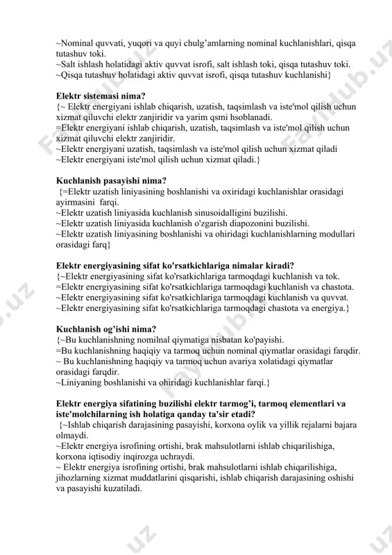 'zgarish diapozonini buzilishi. ~elektr uzatish liniyasining boshlanishi va ohiridagi kuchlanishlarning modullari orasidagi farq} elektr energiyasining sifat ko'rsatkichlariga nimalar kiradi? {~elektr energiyasining sifat ko'rsatkichlariga tarmoqdagi kuchlanish va tok. =elektr energiyasining sifat ko'rsatkichlariga tarmoqdagi kuchlanish va chastota. ~elektr energiyasining sifat ko'rsatkichlariga tarmoqdagi kuchlanish va quvvat. ~elektr energiyasining sifat ko'rsatkichlariga tarmoqdagi chastota va energiya.} kuchlanish og’ishi nima? {~bu kuchlanishning nomilnal qiymatiga nisbatan ko'payishi. =bu kuchlanishning haqiqiy va tarmoq uchun nominal qiymatlar orasidagi farqdir. ~ bu kuchlanishning haqiqiy va tarmoq uchun avariya xolatidagi qiymatlar orasidagi farqdir. ~liniyaning boshlanishi va ohiridagi kuchlanishlar farqi.} elektr energiya sifatining buzilishi elektr tarmog’i, tarmoq elementlari va iste'molchilarning ish holatiga qanday ta'sir etadi? {~ishlab chiqarish darajasining pasayishi, korxona oylik va yillik rejalarni bajara olmaydi. ~elektr energiya isrofining ortishi, brak mahsulotlarni ishlab chiqarilishiga, korxona iqtisodiy inqirozga uchraydi. ~ elektr energiya isrofining ortishi, brak mahsulotlarni ishlab chiqarilishiga, jihozlarning xizmat muddatlarini qisqarishi, ishlab chiqarish darajasining oshishi va pasayishi kuzatiladi. =elektr energiya isrofining ortishi, …