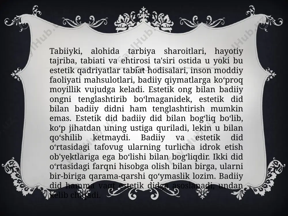 ilarni o‘z ichiga oladi. u sub’yektning alohida faolligi, xususan, xayol, tasavvur qila bilish kuchi bilan belgilanadi. etiboringiz uchun rahmat image1.png image2.png image3.png