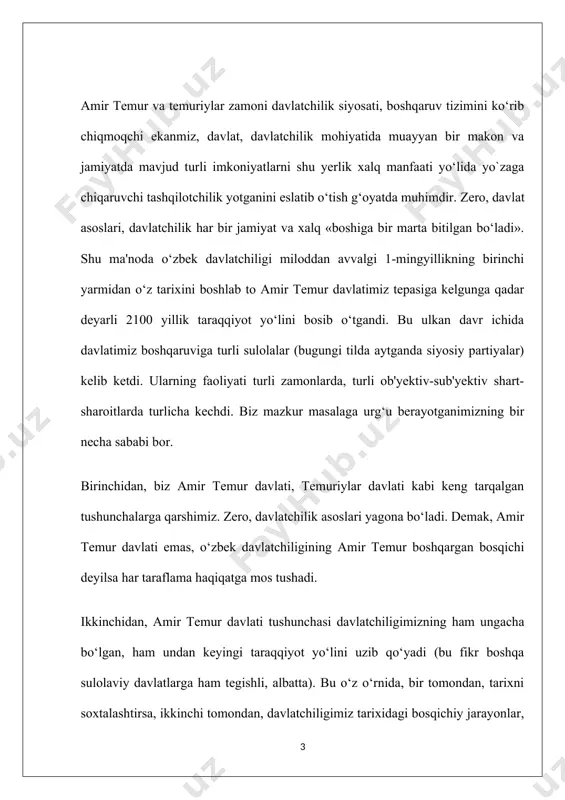 ofiqlashtirib turuvchi ma'lum bir tizim shakllangan bo`lishi darkor. 5. jamiyatda ijtimoiy-iqtisodiy munosabatlar ahvoli (taraqqiyoti) davlat diqqat markazida turmog`i lozim. 6. fan va madaniyat ravnaqi to`g`risida doimiy qayg`urish davlat ahamiyatiga molik qat`iy siyosat sifatida qaralmog`i lozim. 7. har bir davr shart-sharoiti, tartiblariga ko`ra davlat jamiyat ichki taraqqiyoti masalalarini tashqi dunyoda mavjud omillardan foydalangan holda ham hal etib borishi darkor. 8. davlat tepasida turgan kuchlar o`tmish, zamona va kelajakni teran tafakkur, qatiy iymon, g`oyatda yuksak ma'naviyatparvarlik va millatparvarlik ila anglamog`i kerak. mazkur sakkiz asos qonuniyat sifatida shakllangan edi. u yoki bu zamonda ulardan foydalanildimi yo yo`q, bu boshqa masala. biroq amir temurning o`zbek davlatchiligi tarixida tutgan buyuk o`rni shundaki, u o`zining butun faoliyati mobaynida ana shu asoslarni ro`yobga chiqara oldi. ya'ni 150 yillik qaramlikdan so`ng davlatimiz siyosiy mustaqilligini tikladi; o`z davrida mavjud shariat, to`ro-tuzuklar asosida jamiyat hayotini boshqarishni yo`lga qo`yildi; markazlashgan davlat tizimini yaratdiki, o`z zamonasi uchun bu dunyo miqiyosidagi taraqqiyparvar voqea …