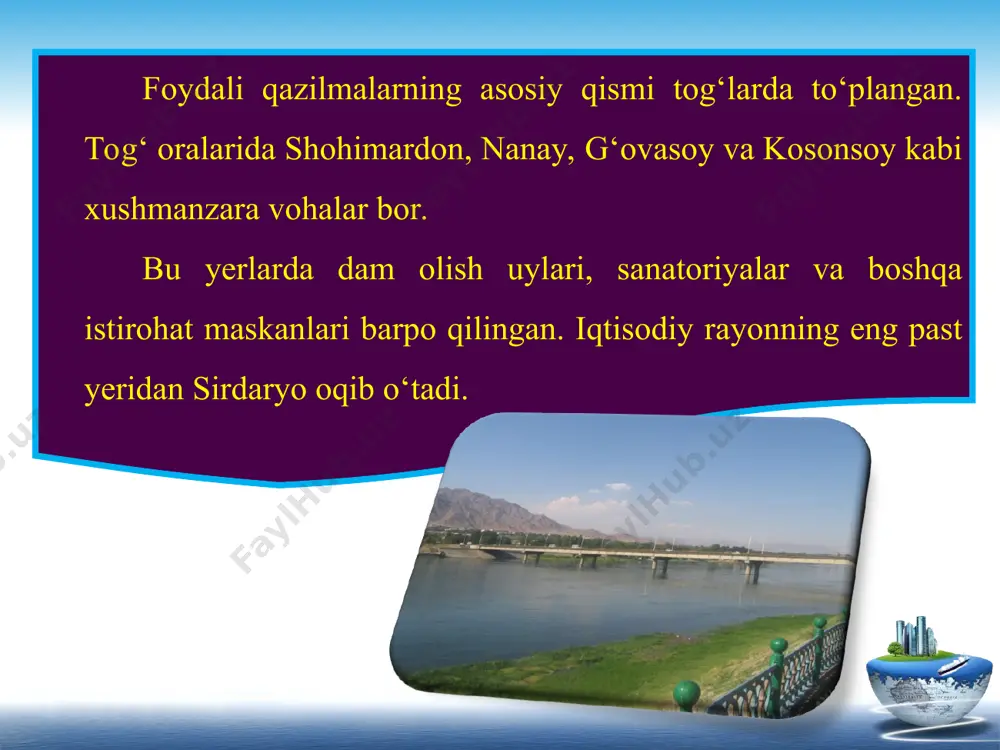 ha mamlakatdagi boshqa iqtisodiy rayonlardan oldindadir. transporti. rayon temiryo‘l, avtomobil va havo transporti bilan yetarli darajada ta’minlangan. temiryo‘l vodiy bo‘ylab halqa shaklida o‘tkazilgan. rayonning temiryo‘l bilan ta’minlanish darajasi mamlakatning o‘rtacha ko‘rsatkichidan 2 marta yuqori turadi. rayon boshqa iqtisodiy rayonlar bilan tojikiston hududidagi «xo‘jand darvozasi»dan o‘tgan temir va av­tomobil yo‘llari hamda qamchiq dovoni orqali o‘tgan angren-pop temir-yo‘li va toshkent-angren-qo‘qon avtomobil yo‘li orqali bog‘langan. rayon doirasida avtomobil transporti, ayniqsa, muhim rol o’ynaydi. tashqi iqtisodiy faoliyati. rayon chetga paxta tolasi va paxta yog‘i, quritilgan meva, konservalar, ip-gazlamalar, mashinalar, mineral o‘g‘itlar, sement, shifer, chinni hamda sopol buyumlar va boshqa mahsulotlar chiqaradi. rayonga ko‘mir, g‘alla, yog‘och-taxta, mineral o‘g‘it, to‘qimachilik mahsulotlari, mashinalar, asbob-uskunalar hamda madaniy mollar keltiriladi. iqtisodiy geografik rayonning ma’muriy viloyatlari hududiy-ishlab chiqarish majmualari, xo‘jalik tarmoqlari hamda tabiiy va iqtisodiy imkoniyatlar jihatidan bir-biridan farq qiladi.