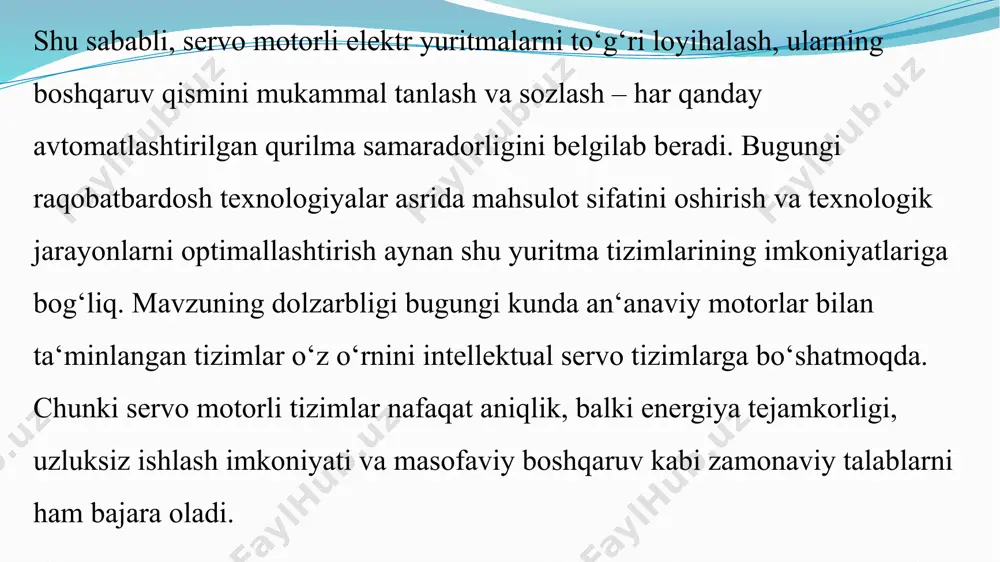 texnika va manipulyatorlar, - tibbiyot texnikalari va protez texnologiyalari, - aviatsiya va kosmik qurilmalar, - 3d printerlar va avtomatlashtirilgan zavodlar. ularning yuqori aniqlikda ishlashi sanoatda mahsulot sifatini oshirishga, vaqt va xarajatlarni kamaytirishga xizmat qiladi. buyruq signali bu tashqi qurilma yoki operator tomonidan tizimga beriladigan ko‘rsatma. masalan motor qancha aylanishi, qanday pozitsiyada to‘xtashi, tezligi qanday bo‘lishi, bu signal mikrokontroller yoki plc orqali servo drayverga uzatiladi. servo drayver servo motorning “miya”si hisoblanadi. buyruq signalini oladi va motorga to‘g‘rilangan elektr impulslarini yuboradi. motorning aylanish tezligi va kuchlanishini boshqaradi. drayverning vazifasi, buyruq bo‘yicha harakatni boshlash, sensorlardan kelgan qayta aloqa signallarini qabul qilish, zarurat bo‘lsa, tuzatishlar kiritish motor servo motorning harakat qiluvchi qismi. servo drayverdan kelgan signal asosida aylanadi yoki siljiydi. sensor bu enkoder yoki rezolver bo‘lishi mumkin. motorning haqiqiy holatini pozitsiyasi, tezligi, aylanish burchagini o‘lchaydi. o‘lchangan natija qayta aloqa feedback sifatida servo drayverga uzatiladi. qayta aloqa feedback motorning haqiqiy holati doimiy ravishda servo drayverga …