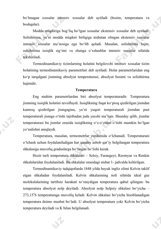 selsiy shkalasi, t,(s renkin shkalasi, t,(ra farangeyt shkalasi, t,(( reomyur shkalasi, t,(r selsiy shkalasi, (s - 1,25t0r renkin shkalasi, (ra 1,8(t(s+ +273,15) - t((+459,67 1,8(1,25t(r+ +273,15) farangeyt shkalasi (( 1,8t(s+32 t(ra–459,67 - reomyur shkalasi, (r 0,8t(s - absolyut bosim u jism sirtiga normal bo‘yicha ta’sir etuvchi va bu sirtning yuza birligiga nisbatan olingan kuchdan iborat. bosimni o‘lchash uchun turli birliklar: paskal (pa), bar, atmosfera (1 kg/sm2), suv yoki simob ustuni millimetri ishlatiladi. hajm moddaning solishtirma hajmi moddaning zichlik birligi egallagan hajmdan iborat. solishtirma hajm jism massasi m va uning hajmi v bilan quyidagi nisbat bilan bog‘langan. (1) moddaning solishtirma hajmi, odatda, m3/kg yoki sm3/gr hisobida o‘lchanadi. zichlik (2) odatda, kg/m3 yoki g/sm3 hisobida o‘lchanadi. sof moddaning har qanday uchta holat parametri ( p, va t) o‘zaro bir qiymat bilan bog‘langan. bu moddalarni o‘zaro bog‘laydigan tenglama ayni moddaning holat tenglamasi deb aytiladi va uni quyidagi ko‘rinishda ifodalash mumkin. f(p, ,t)=0 (3) …